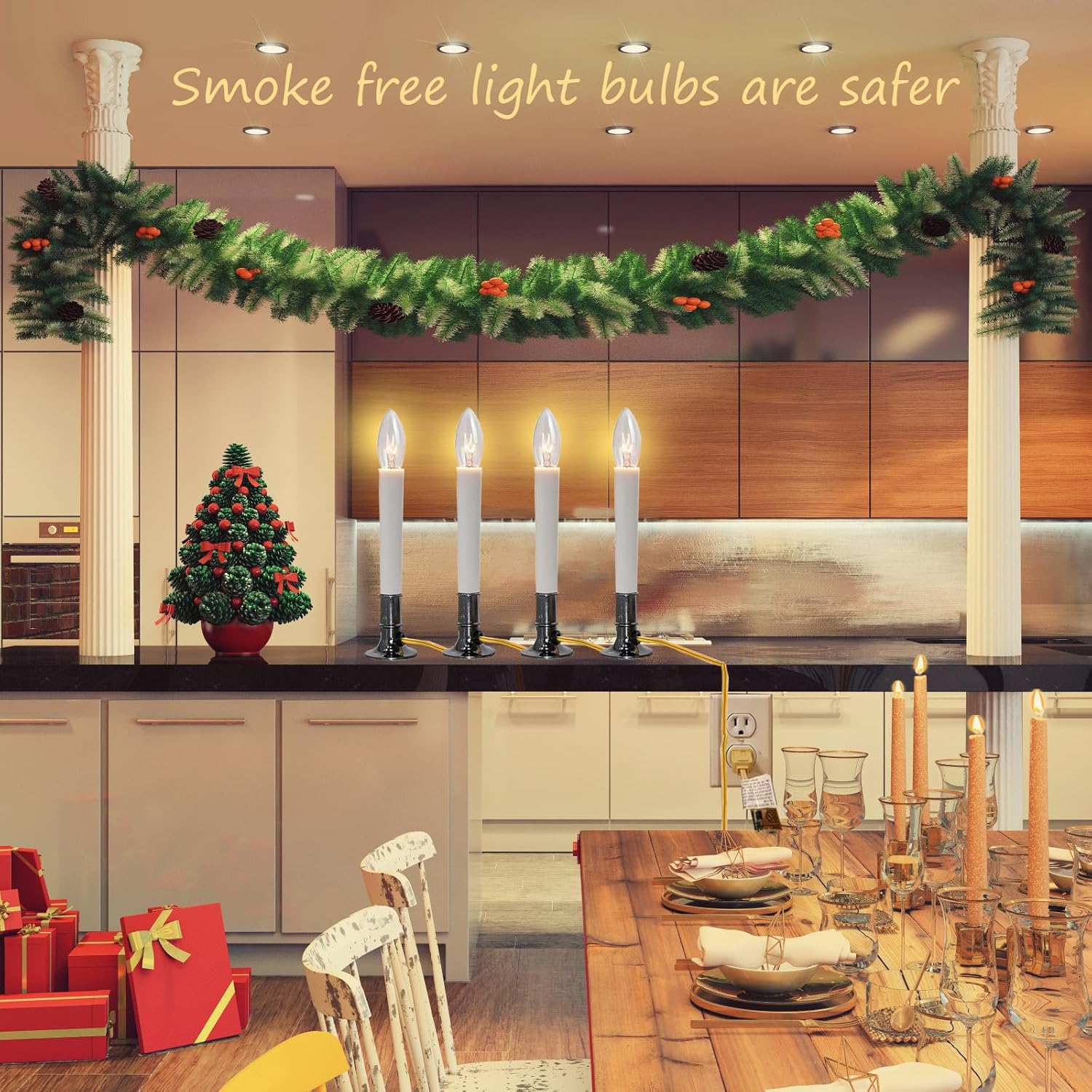 4 Pack Electric Window Candle Lamp with Pewter Plated Base, Christmas Window Candle Light On/Off Switch C26 7 Watt Bulb for Home Decor Holiday Party Christmas