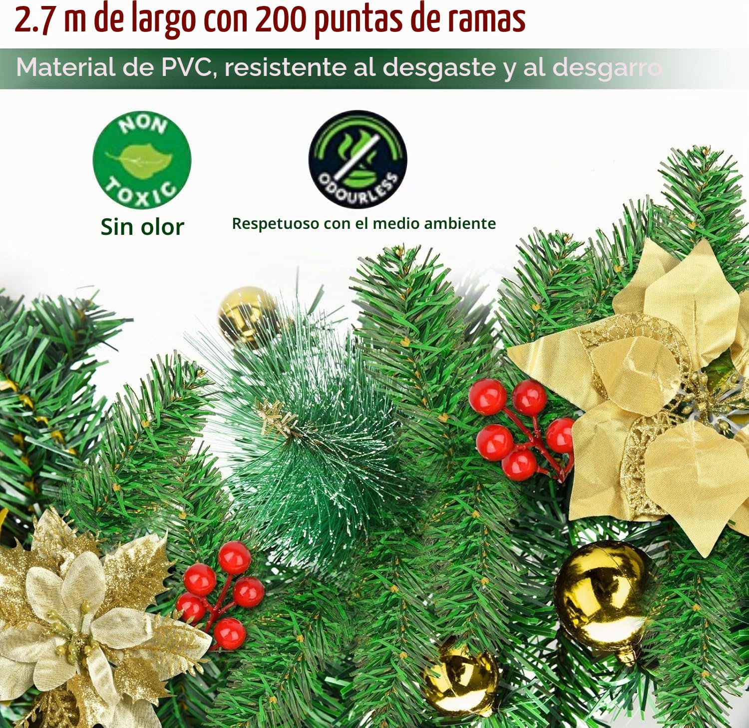 Guirnalda Navidad, Corona navideña de 2,7 m, 200 Ramas, con Bayas Rojas y Agujas de Pino Blanco,Decoracion Navidad para Chimenea con escalones de jardín (Oro)