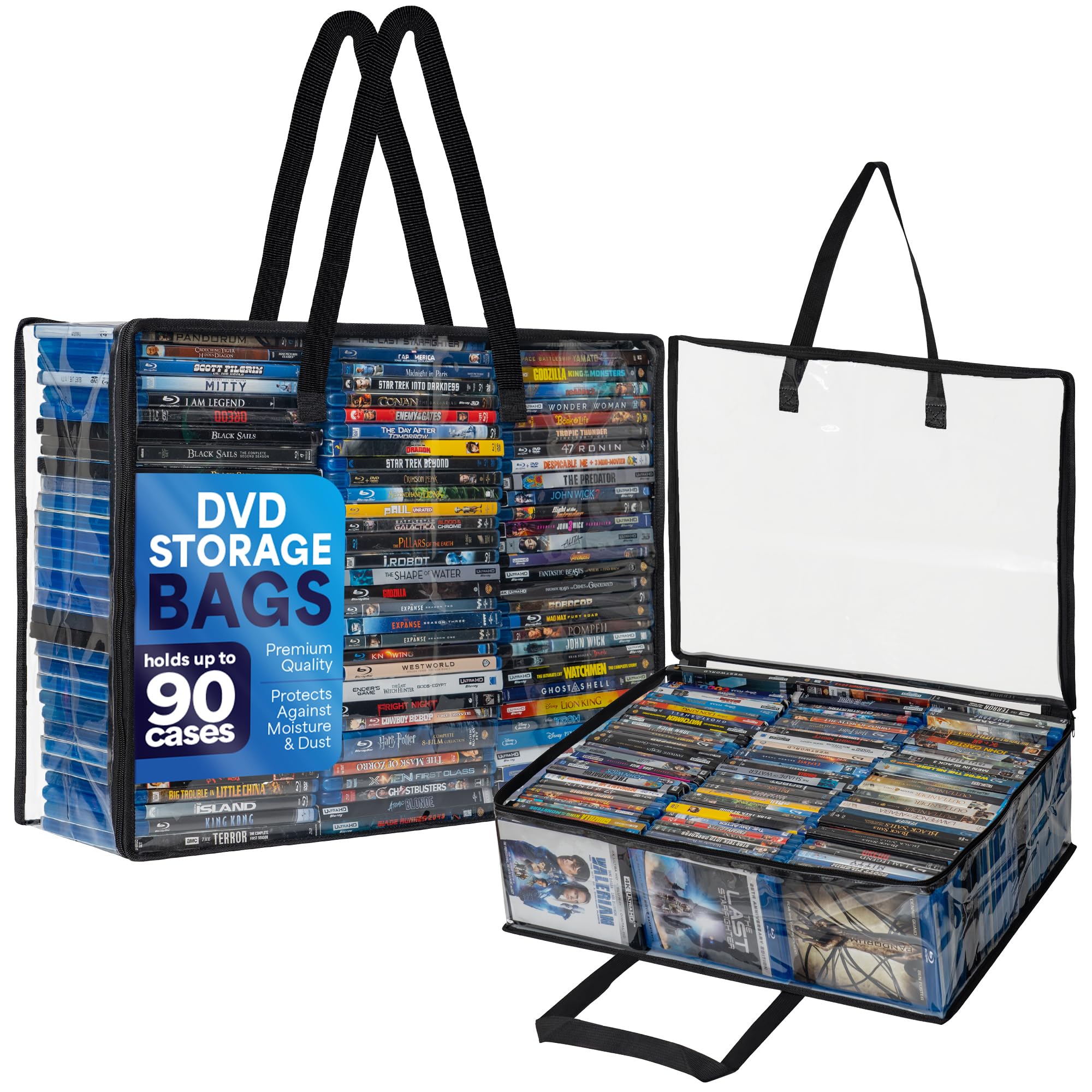 Besti Blu Ray Case Holder Organizer, Set of 2 Clear Plastic Bags with Handles for Storing Blurays, DVDs, CDs, Storage Bags for Video Game Cases, Holds Up To 90 Bluray and 60 DVD Cases (Black)