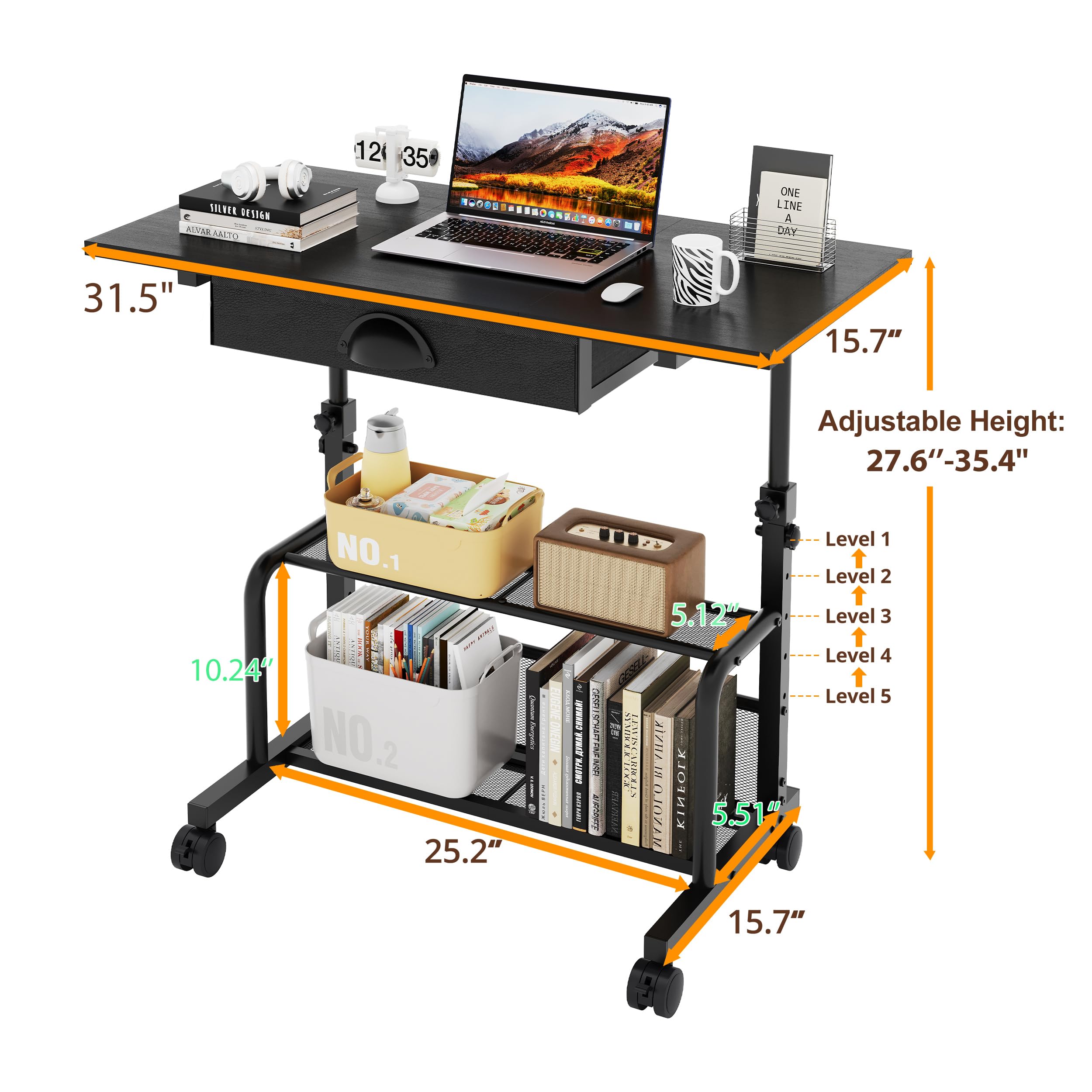 Adjustable Height Small Computer Desk with Drawers Portable Rolling Desk for Seated Use 32 Laptop Desk for Home — view 2