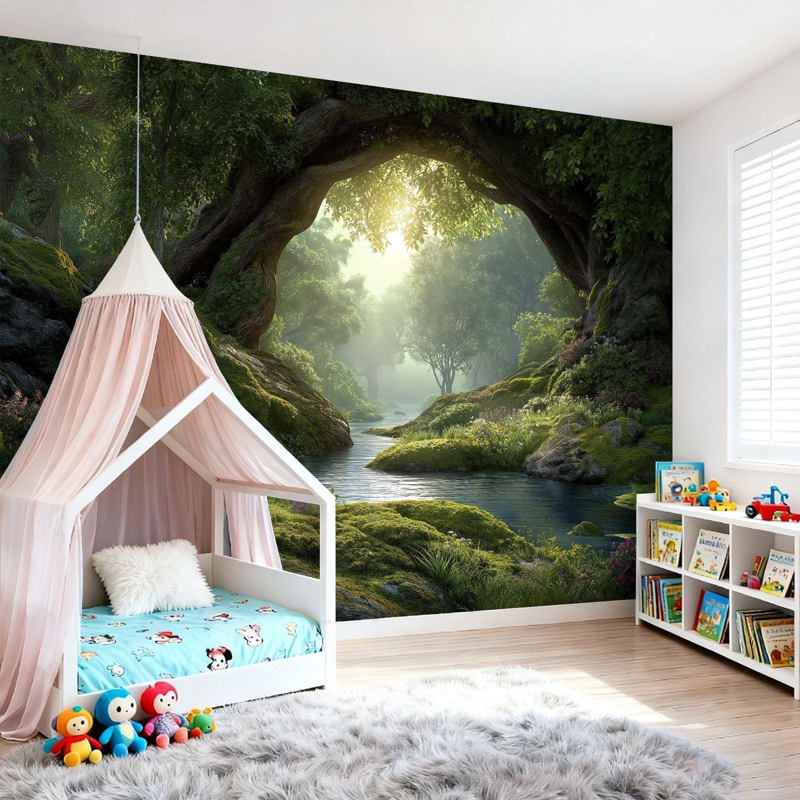 Art Papel Tapiz Fotográfico Paisaje De Fantasía Bosque Plantas Papel Pintado 300 x 210 cm, Art Mural De Pared Papel Pintado Verde Bosque Mural para Sala Estar Dormitorio Infantil Decoración