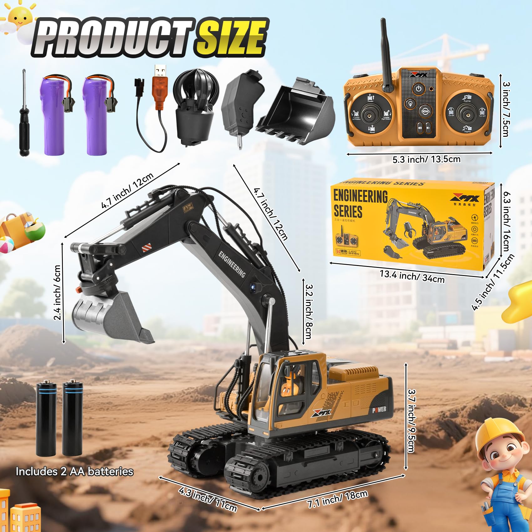 Excavadora RC 3 en 1 Radiocontrol con Cuchara Metálica Garra y Taladro 2.4GHz 14 Canales Rotación 680° Luces LED y 2 Baterías Juguete de Construcción Regalo para Niños 3-12 Años