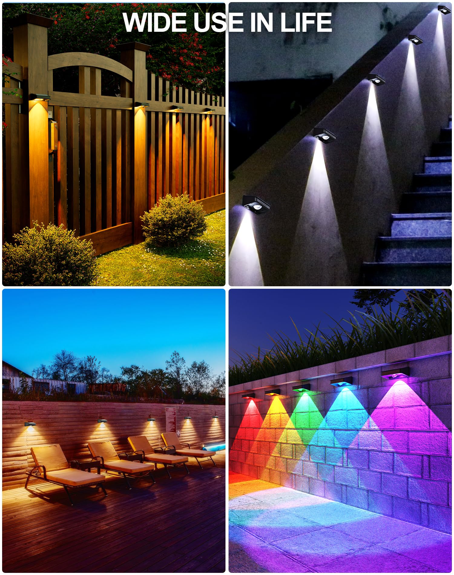 Lot de 10 lampes solaires de clôture – 3 modes, 9 couleurs, étanches IP 65, 35 lm pour marche, escalier, terrasse, mur, patio, allée, porche