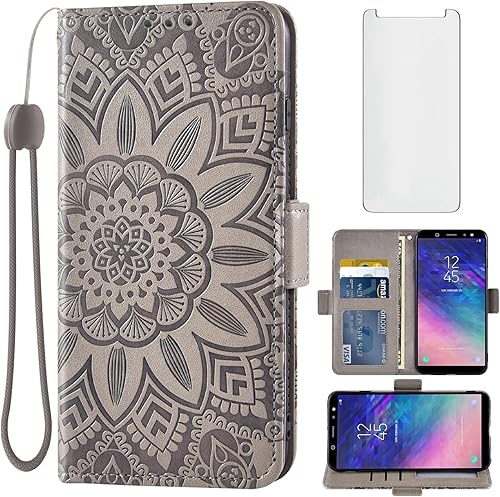 Asuwish Funda de teléfono para Samsung Galaxy A6 con protector de pantalla de vidrio templado y billetera de cuero con diseño de flores, funda con