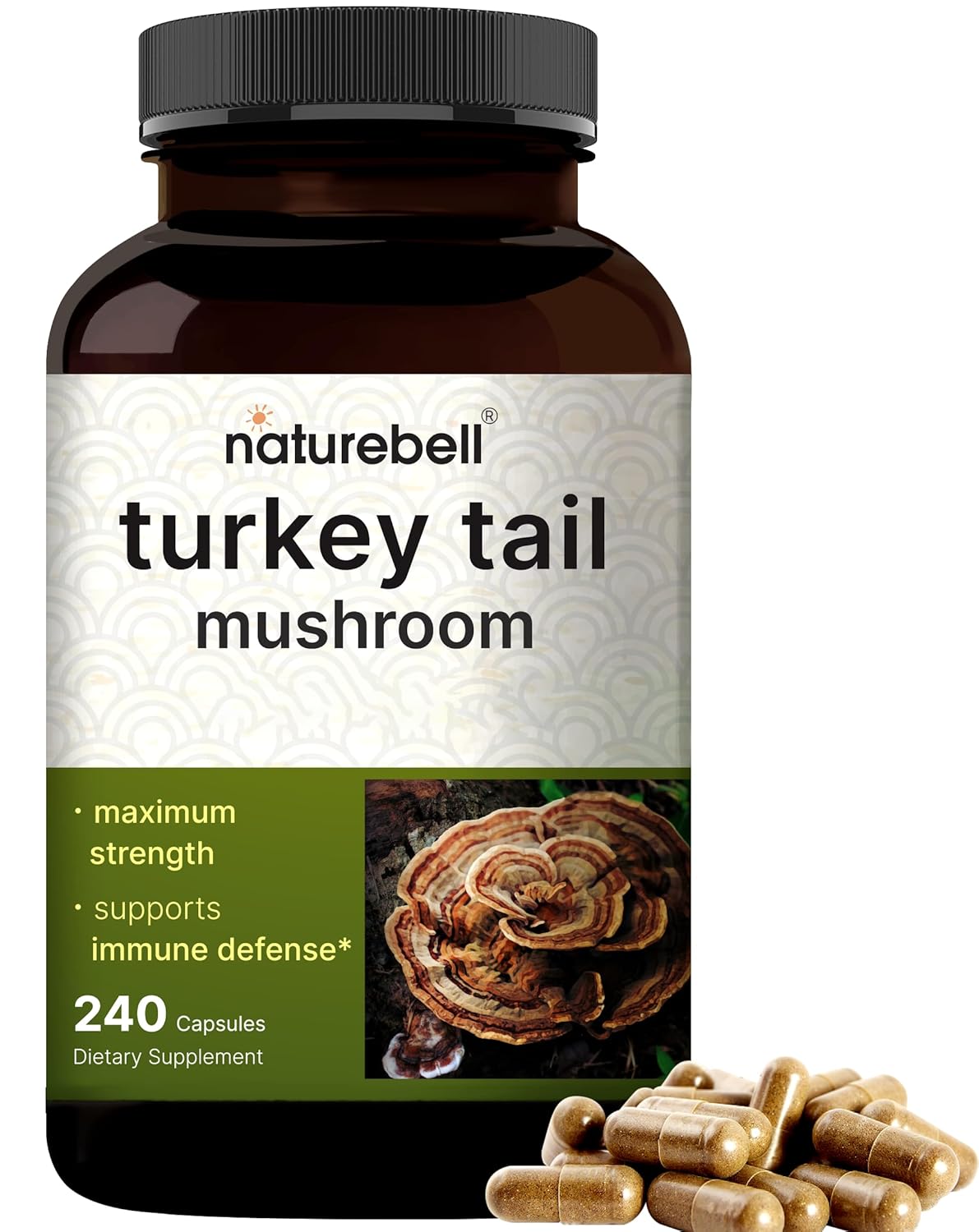 Cápsulas de Cogumelo Turkey Tail NatureBell 15,000mg por Porção, 240 Contagem | Extrato de Corpo Frutífero e Micélio 25:1 – Suplemento para Saúde Imune e Cerebral.