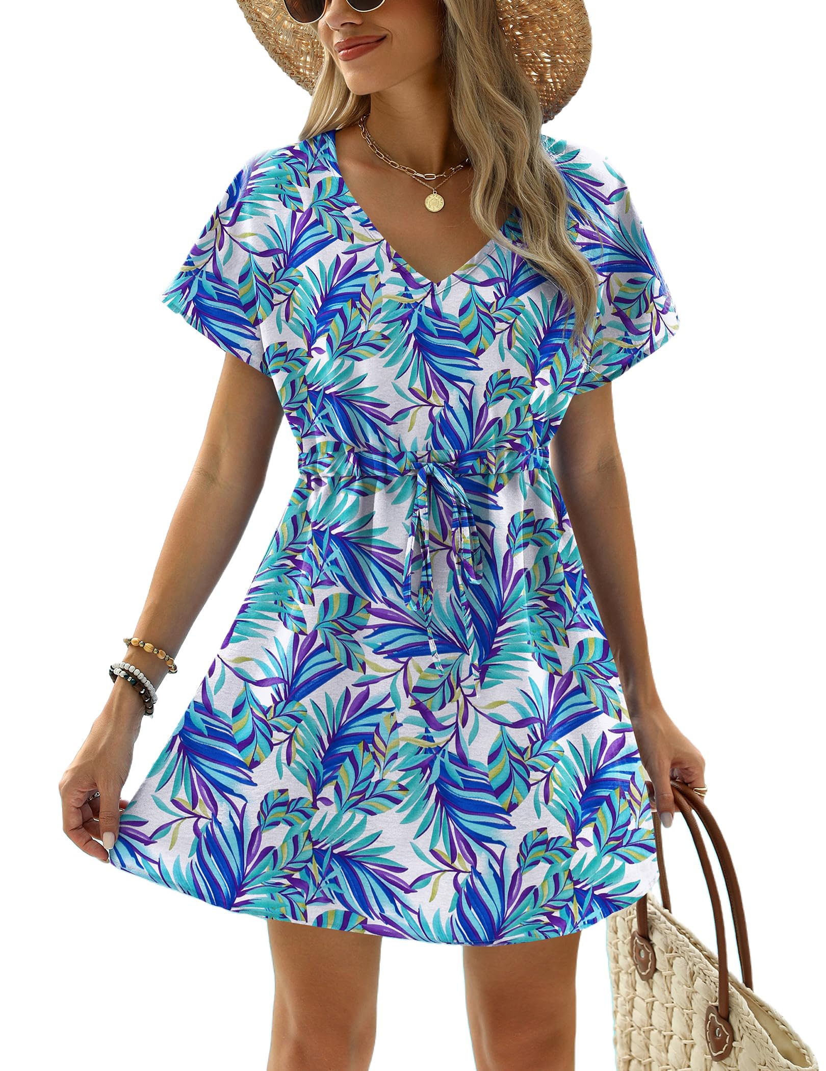 Ekouaer Womens Summer Dress Tropical Print Cover Up V Neck Beach Coverup Flowy Swimwear