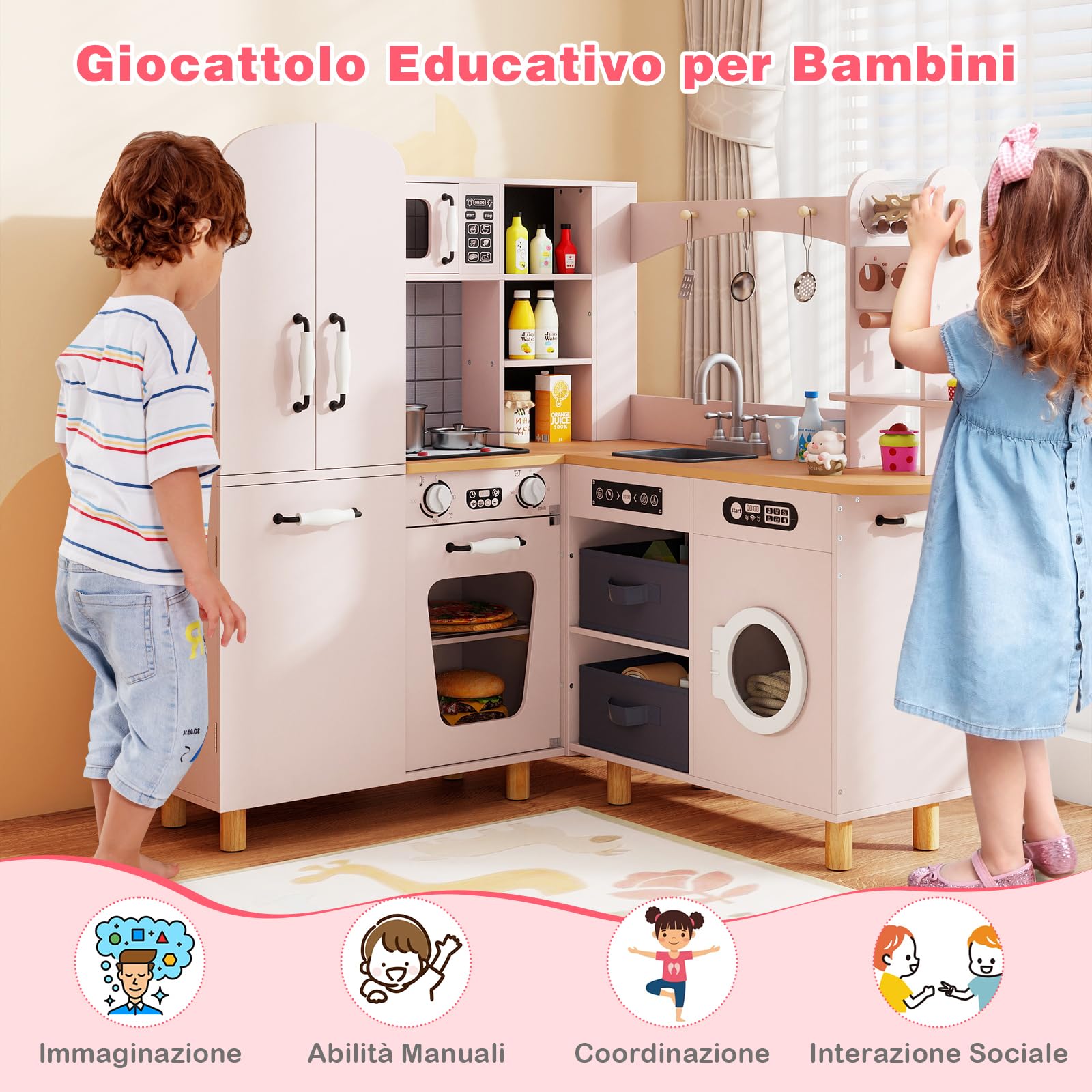 RELAX4LIFE Cucina Giocattolo per Bambini, Cucina ad Angolo in Legno, Effetti Suoni e Luci, Fornelli, Frigorifero, Macchina da Caffè, Lavatrice e Utensili, per Bambini 3+ Anni (Rosa)