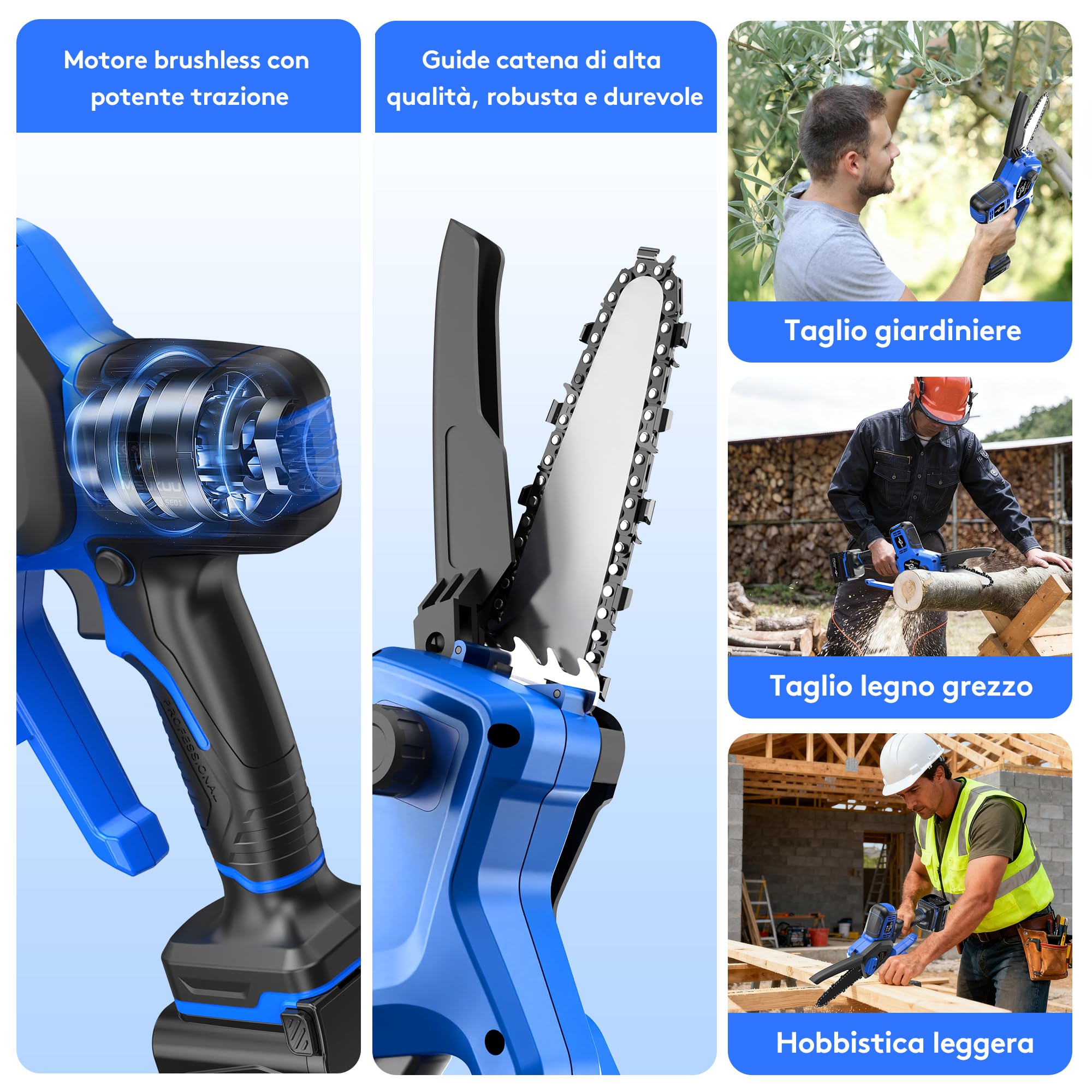 Mini motosierra a batería para poda con 4000 mAh baterías y cargador rápido, sierra con bomba de aceite y bloqueo de seguridad para el corte de madera y jardines (azul)