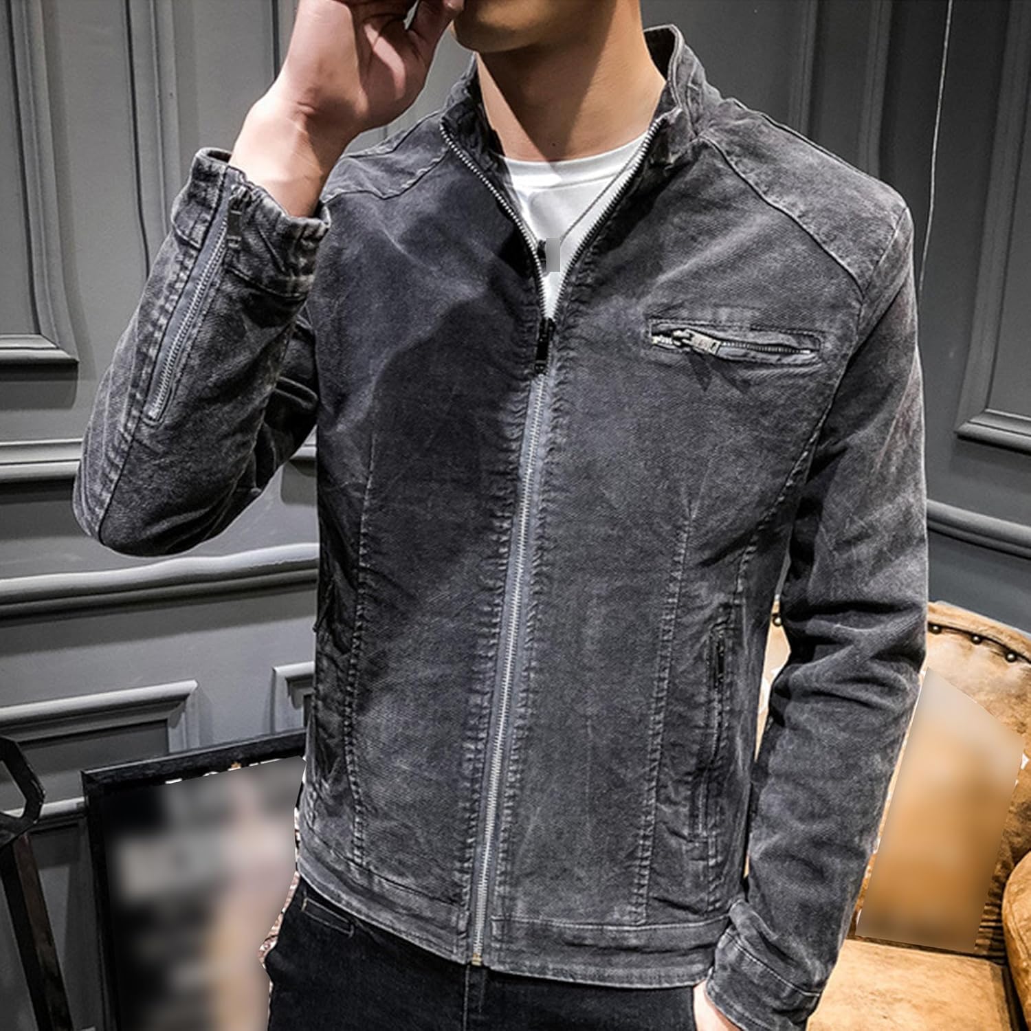 Men's Banded Collar Denim Jacket Distressed Moto Button Down Denim Shirt Full Zip Long Sleeve Winter Jacket