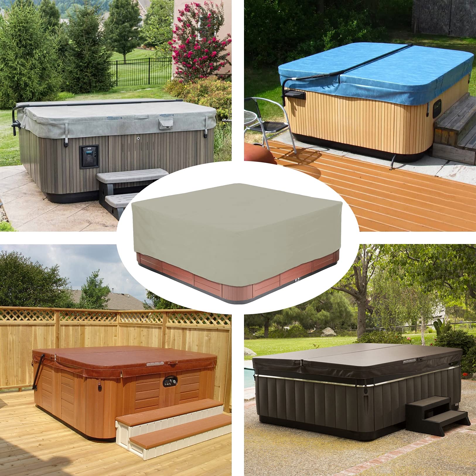 Pokrowiec na wannę z hydromasażem do spa na zewnątrz 220 x 220 x 85 cm wodoodporna ochrona przed promieniowaniem UV tkanina Oxford 210D kwadratowy beżowy pokrowiec do jacuzzi