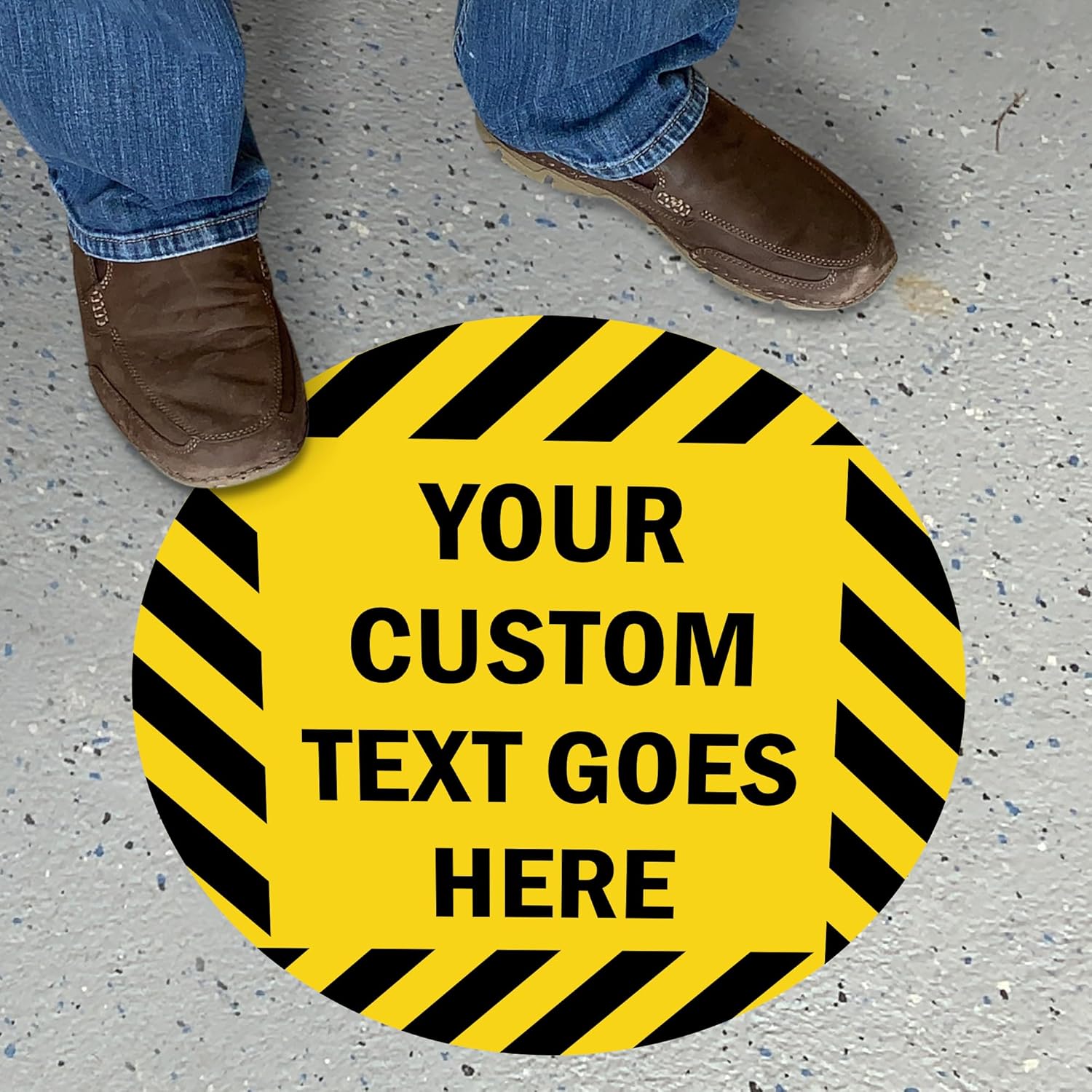 SmartSign 17x17 Custom Round Anti-Slip Floor Decal - Black Yellow Stripes, 18mil Vinyl Pebbled Finish, Made in USA