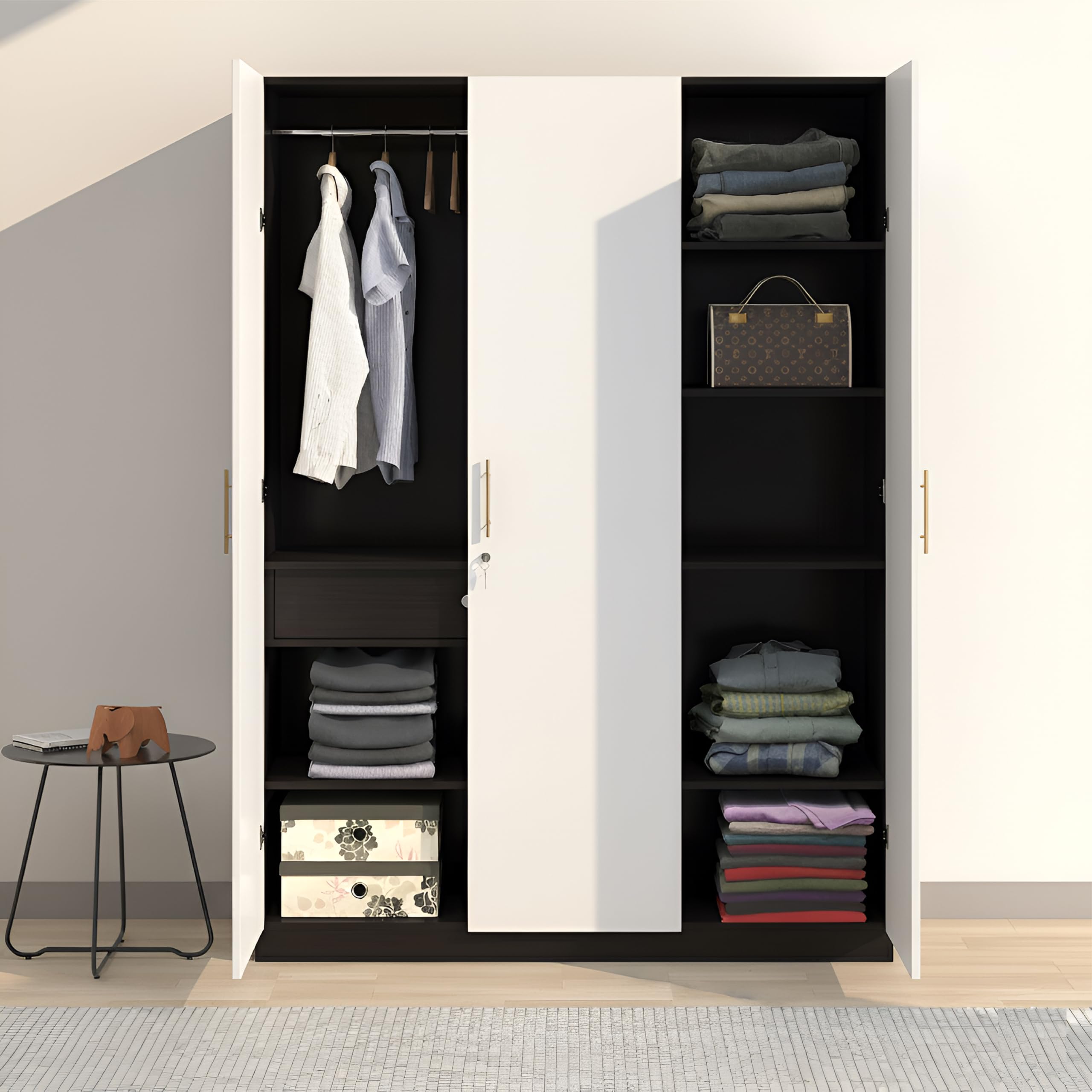 Callas 3 Door Wooden Wardrobe for Bedroom | Engineered Wood Almirah with Hanging Rod, Lockable Door & Drawer, Adjustable Shelves, Metal Handles (Black, Wardrobe)