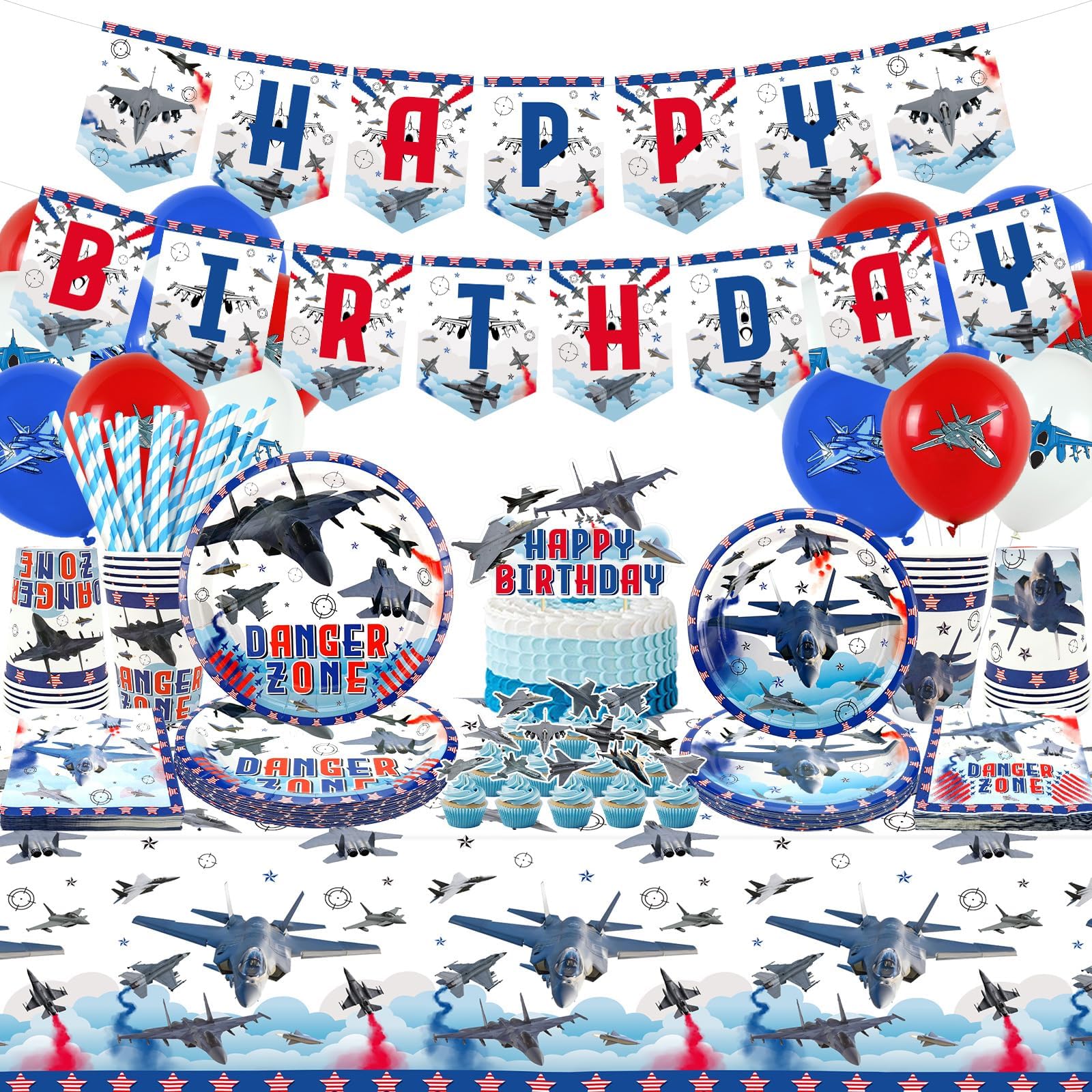 Fighter Jet Birthday Party Decorations, Airplane Party Decorations Include Aircraft Banner, Cake Toppers, Tableware, Tablecloth and Balloons for Air Force Party Decorations, Serves 20