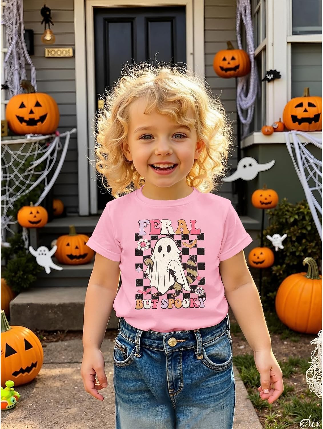 KEKEMI Toddler Baby Girl Halloween Shirt Feral But Spooky T-Shirt Ghost Spooky Season Outfit Cute Short Sleeve Tees Fall Tops