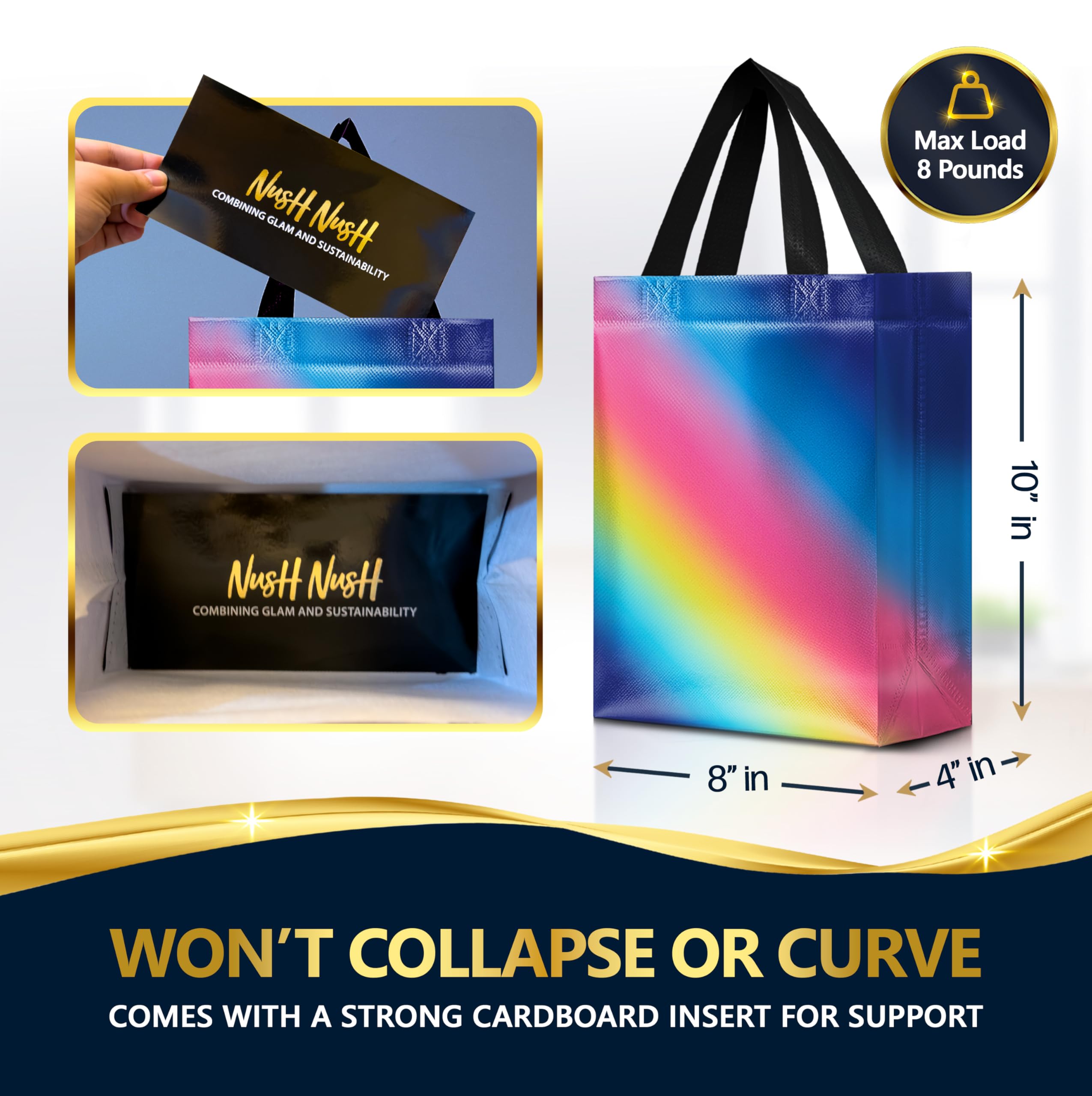 Nush Nush Rainbow Gift Bags in 3 Colorful Design - Set of 12 Reusable Gradient Gift Bags With Handles - Ideal Goodie Bag for Birthday Party Favors, Thanksgiving, Holiday, Kids Party - 8"x4"x10"