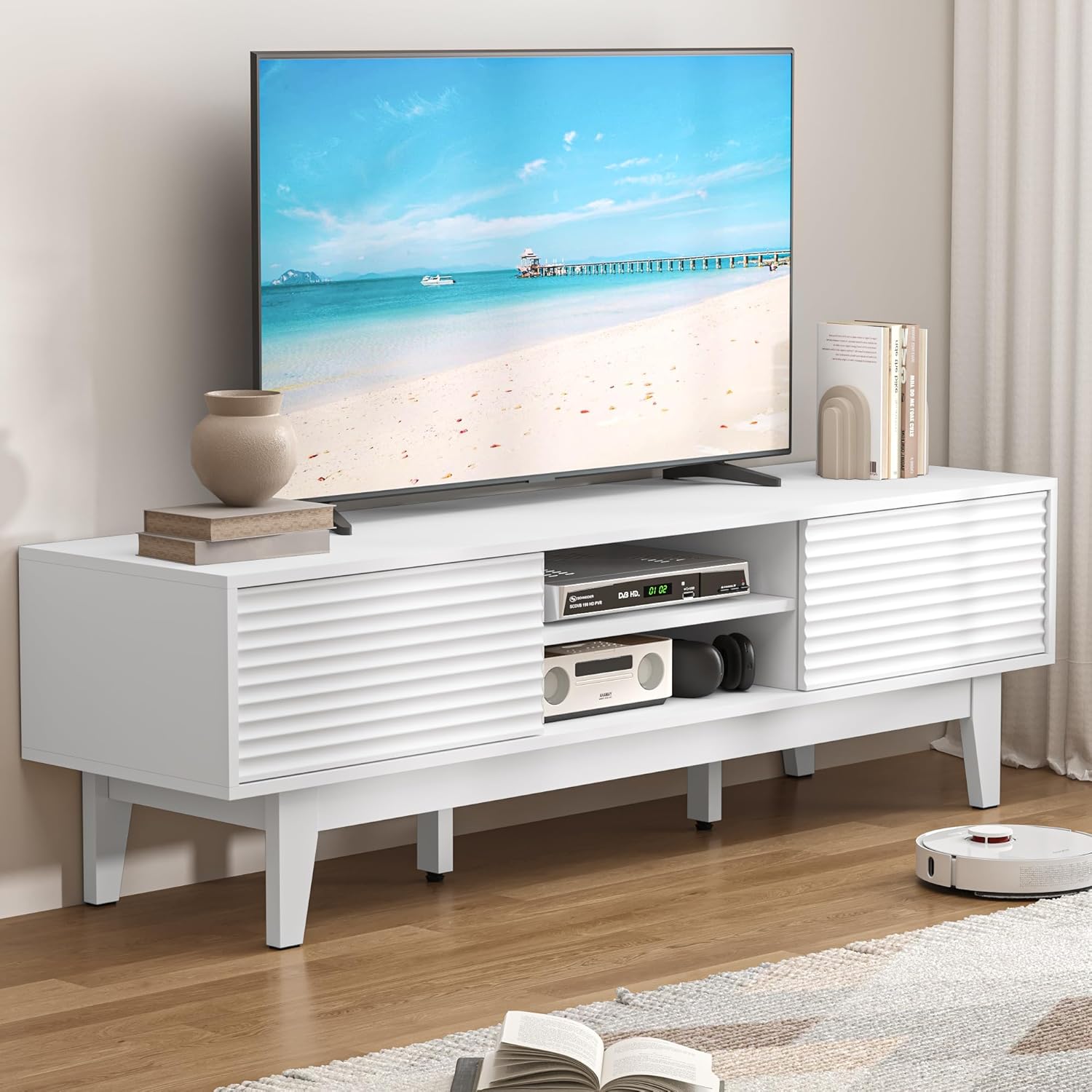 BORNOON TV Stand for 65 Inch TV, Modern Fluted Entertainment Center TV Console with Storage, Sliding Door Media Console, Wood TV Cabinet for Living Room, Bedroom
