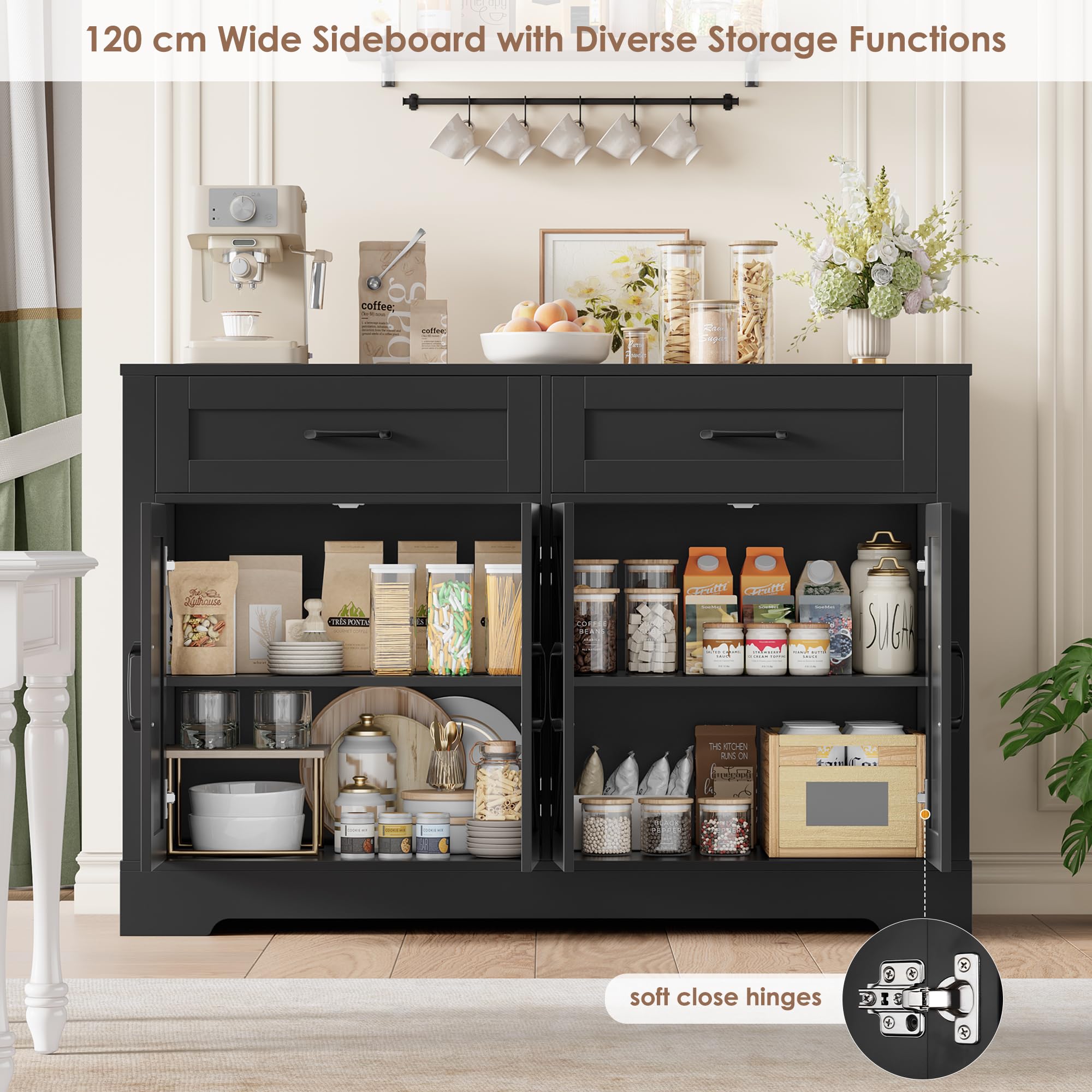 HOCSOK Sideboard Küchenbuffet mit Arbeitsplatten, küchenschrank 2 Schubladen und 4 Türen für Küche,Wohnzimmer, Flur und Esszimmer