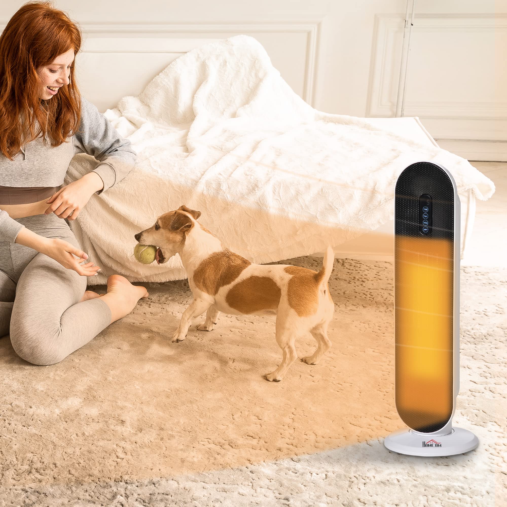 HOMCOM Calefactor Cerámico de Torre 1200W/2000W PTC 20 m² Blanco y Negro | Mando a Distancia, Termostato, Temporizador de 24H, Oscilación 45°, Sistema Antivuelco, para Sala