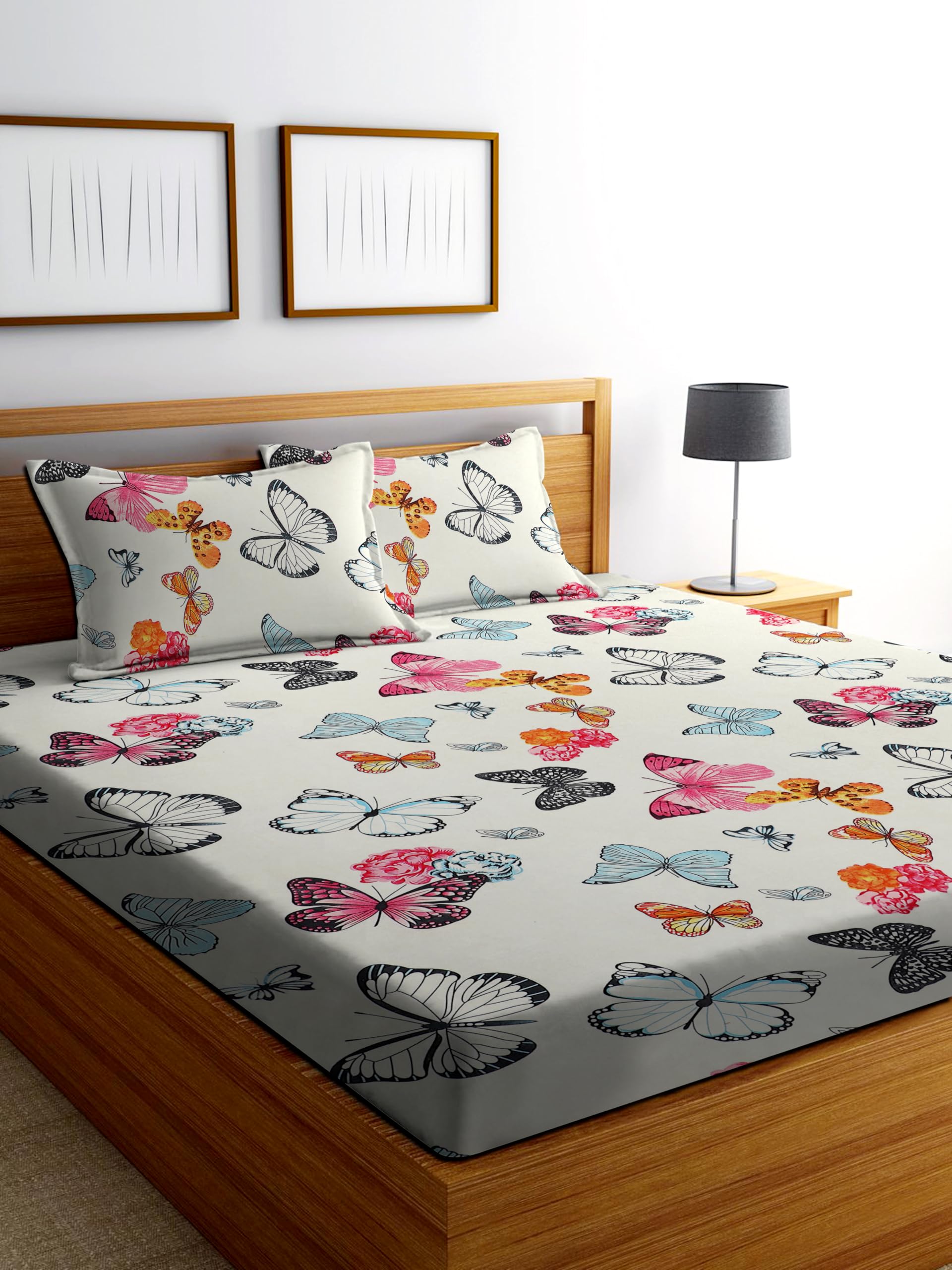 DECORUM Glace Cotton Fitted 1 Bedsheet King Size (72"x78") | All Around Elastic | Cotton Feel | 2 Pillow Covers (17"x27") | Fits Up to 8" Mattress | 200-220 TC | Printed Double Bed Sheet Set-image-34