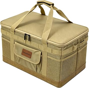 57L Tactical Camping Storage Bag - Khaki, Waterproof, Foldable Utility Tote Bag with Axe Holder, Outdoor Picnic Organizer for Camping, Hiking, BBQ,Trunk Organizer