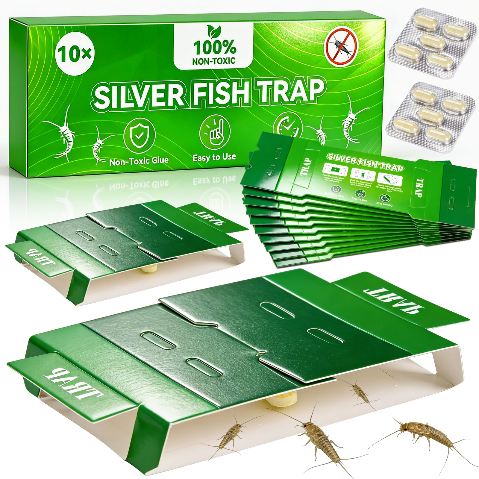 Silberfische Bekämpfen - 10 Stück Köderdose Silberfischfalle, Papierfische Bekämpfen Papierfische Falle mit Giftfreiem Lockmittel, zur Befallskontrolle in Allen Wohnräumen, Langanhaltender