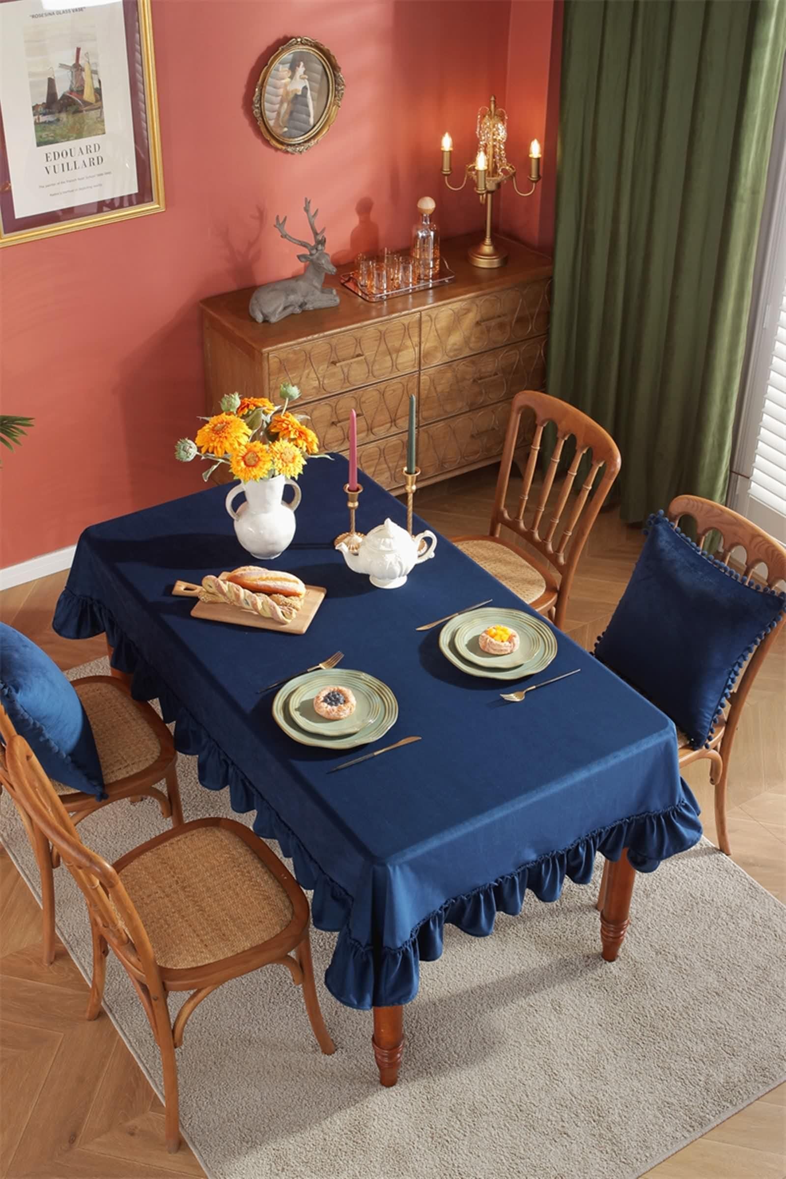 Tovaglia Cucina 140X180, Tovaglia Tavolo Compleanno Marina Militare Poliestere Tinta Unita con Volant Decorativa per Festa Matrimonio