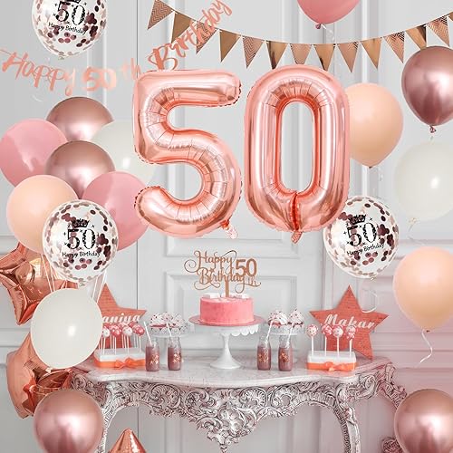 Miniatura 3 de Decoraciones de cumpleaños número 50, globos retro de oro rosa rosa, globos de cumpleaños 50, pancarta de feliz cumpleaños 50 con adornos para