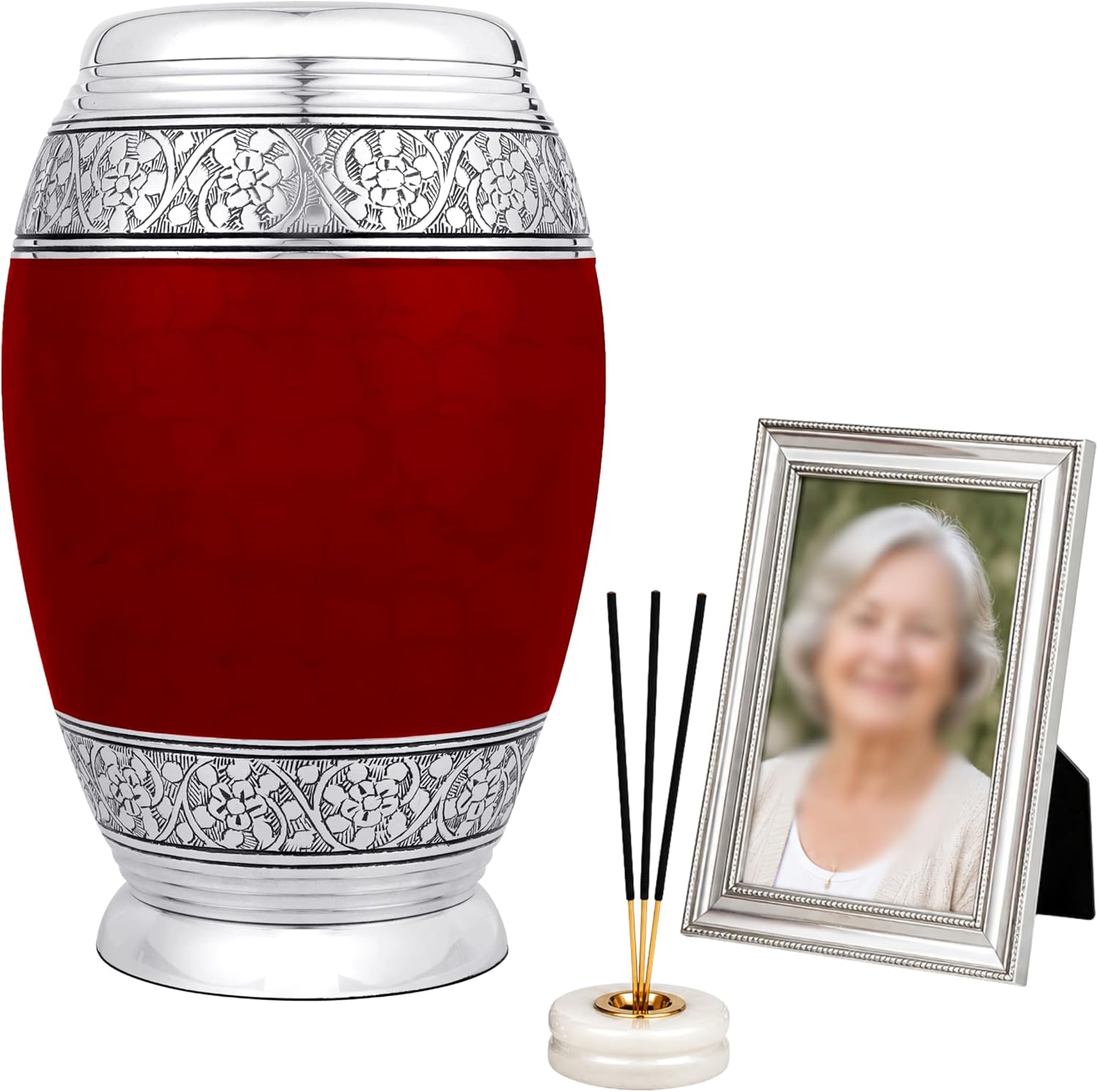 CLEENTABLE Handcrafted Metal Cremation Urn for Adults - Elegant, Durable Funeral & Memorial Urn for Ashes, Decorative Urn with Secure Threaded Lid, Spacious, Timeless Design 10.5" (Red & Silver)
