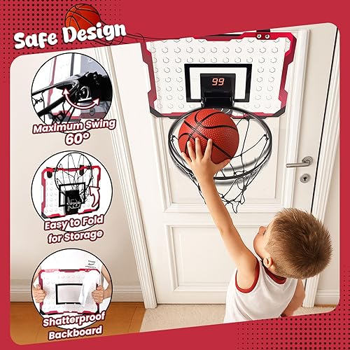 Miniatura 5 de LovesTown Mini aro de baloncesto para interiores para niños, aros de baloncesto sobre la puerta con iluminación LED, mini aro con 4 bolas de