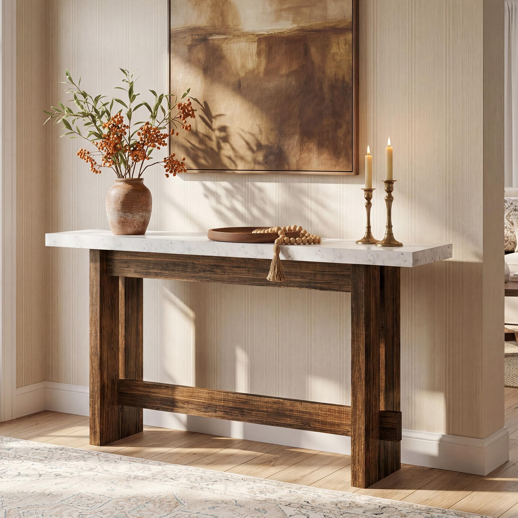 Tribesigns Table Console 160 cm, Console Étroite en Bois avec Plateau Imitation Marbre, Table d’Entrée Derrière Canapé pour Couloir Salon Entrée, Blanc et Marron