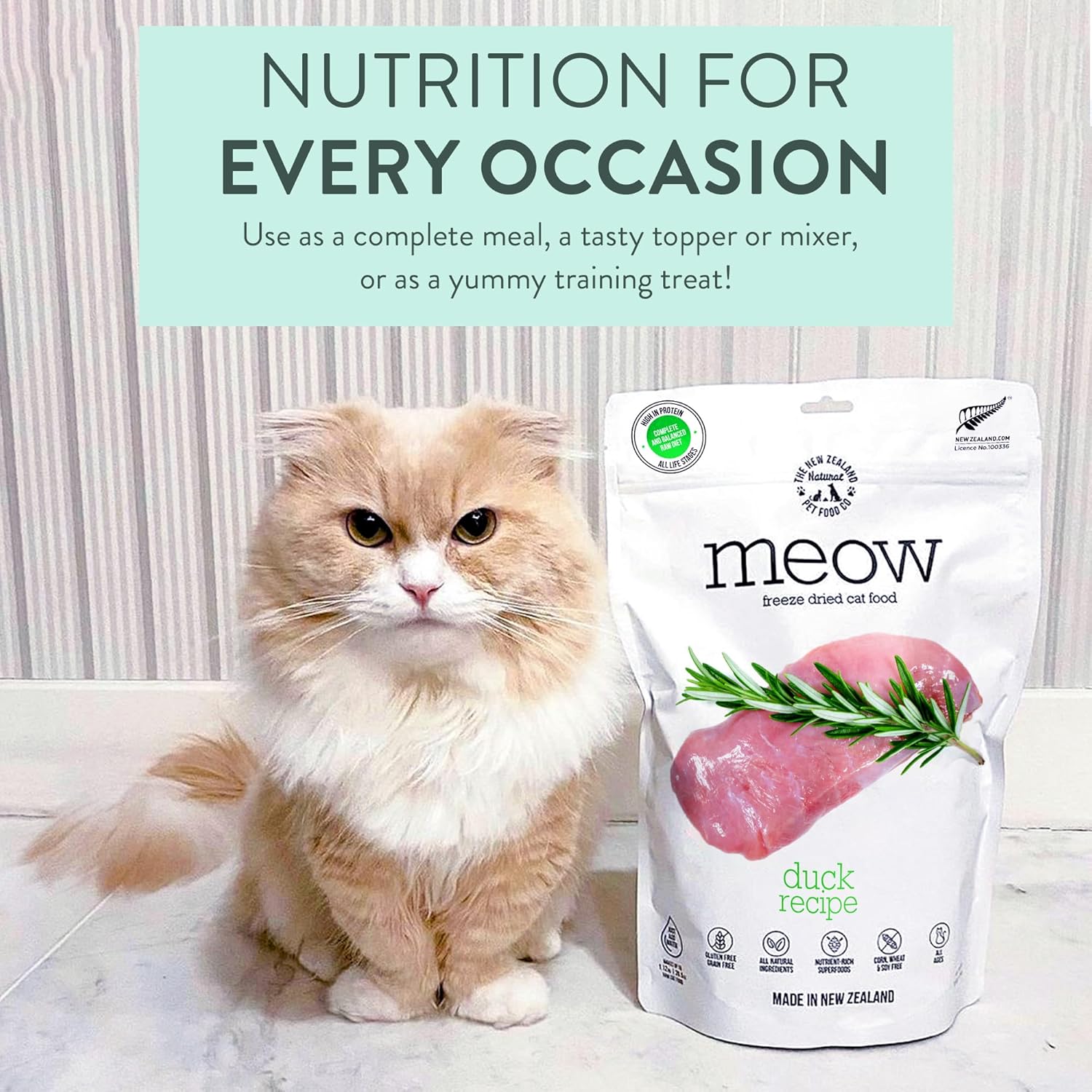 The New Zealand Natural Pet Food Co. Meow Freeze Dried Cat Food - Duck Recipe, High Protein, Use as a Complete Diet, Topper, Mixer, or as Cat Treats, All Life Stages, 9.9 oz