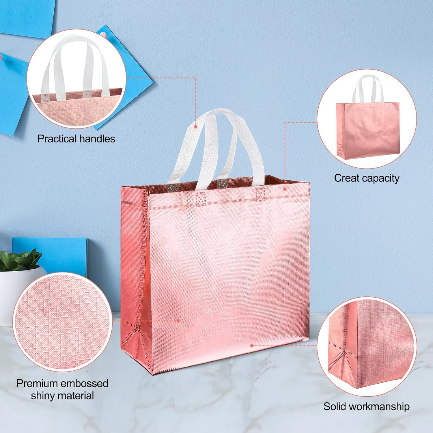 Eccliy 60 Pcs Reusable Gift Tote Bags Housekeeping Appreation Grocery Shopping Bag with Handles for Bridesmaid Wedding(Rose Gold) - Image 5