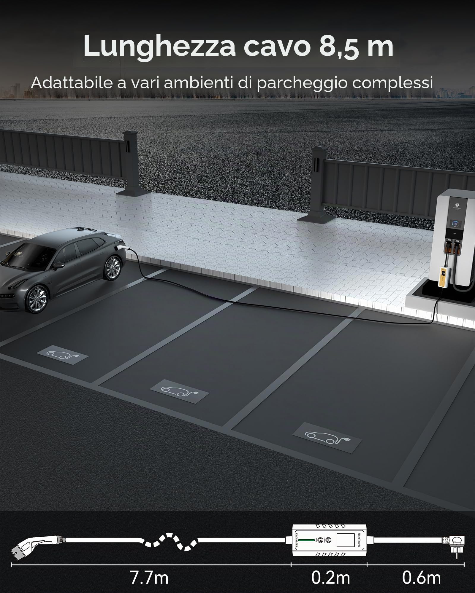 Caricabatterie da Auto Elettrico (3,7 KW, 8,5 m, Tipo 2, Schuko) - Cavo di Ricarica con amperaggio Regolabile 6A-16A, Ricarica ritardata e Programmata, terminale di Ricarica Mobile per EV e
