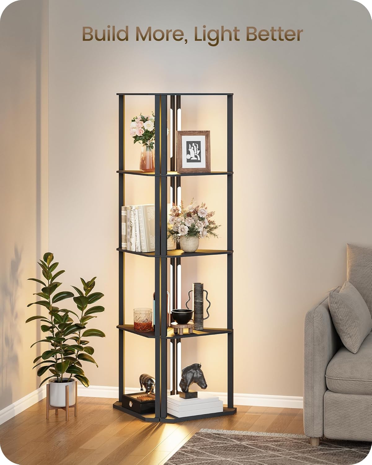 63.4” Display Shelf with Light, Modern Corner Floor Lampe with Shelves, LED Dimmable Standing Lamp with Remote for Living Room, Bedroom, Office, Adjustable CCT, Black Triangle B55LD05