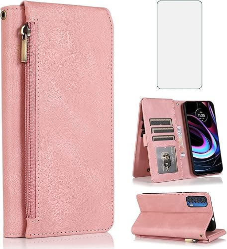 Asuwish Funda tipo cartera compatible con Motorola Moto Edge 2021MotoEdge 5G UW 2021, protector de pantalla de vidrio templado y cremallera, funda
