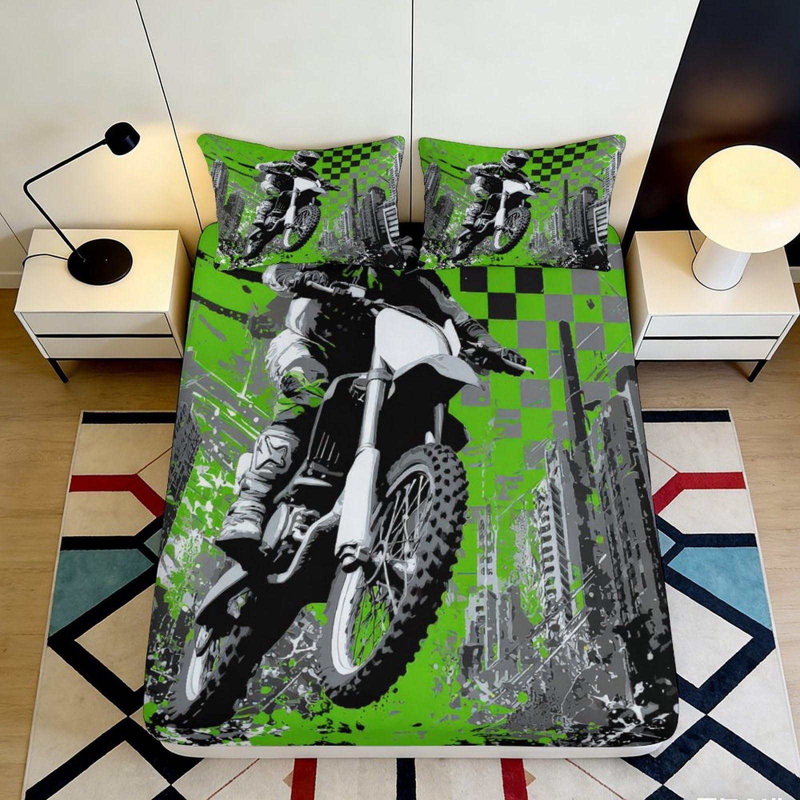 Pnayamiorkfel Style-10 3D Printed Motocross Cityscape Fitted Sheet Microfiber Green Urban Rider Bed Cover Non Slip Machine Washable For Bedroom 90X200x25cm