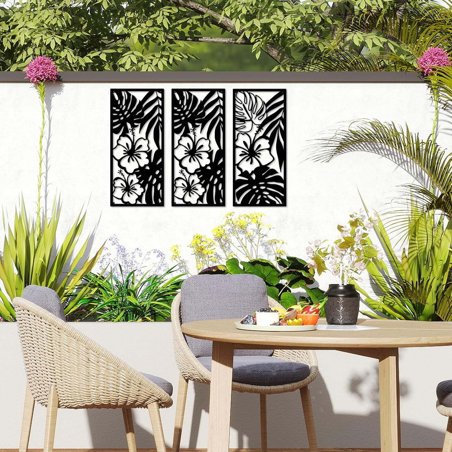 Resama Palm Leaves Metal Wall Decor 3 Pcs Tropical Wall Art Minimalist Hibiscus Flowers Decor Vintage Tropical Plant Wall Sculpture for Living Room Bedroom Bathroom Office (Classic Style,Black)