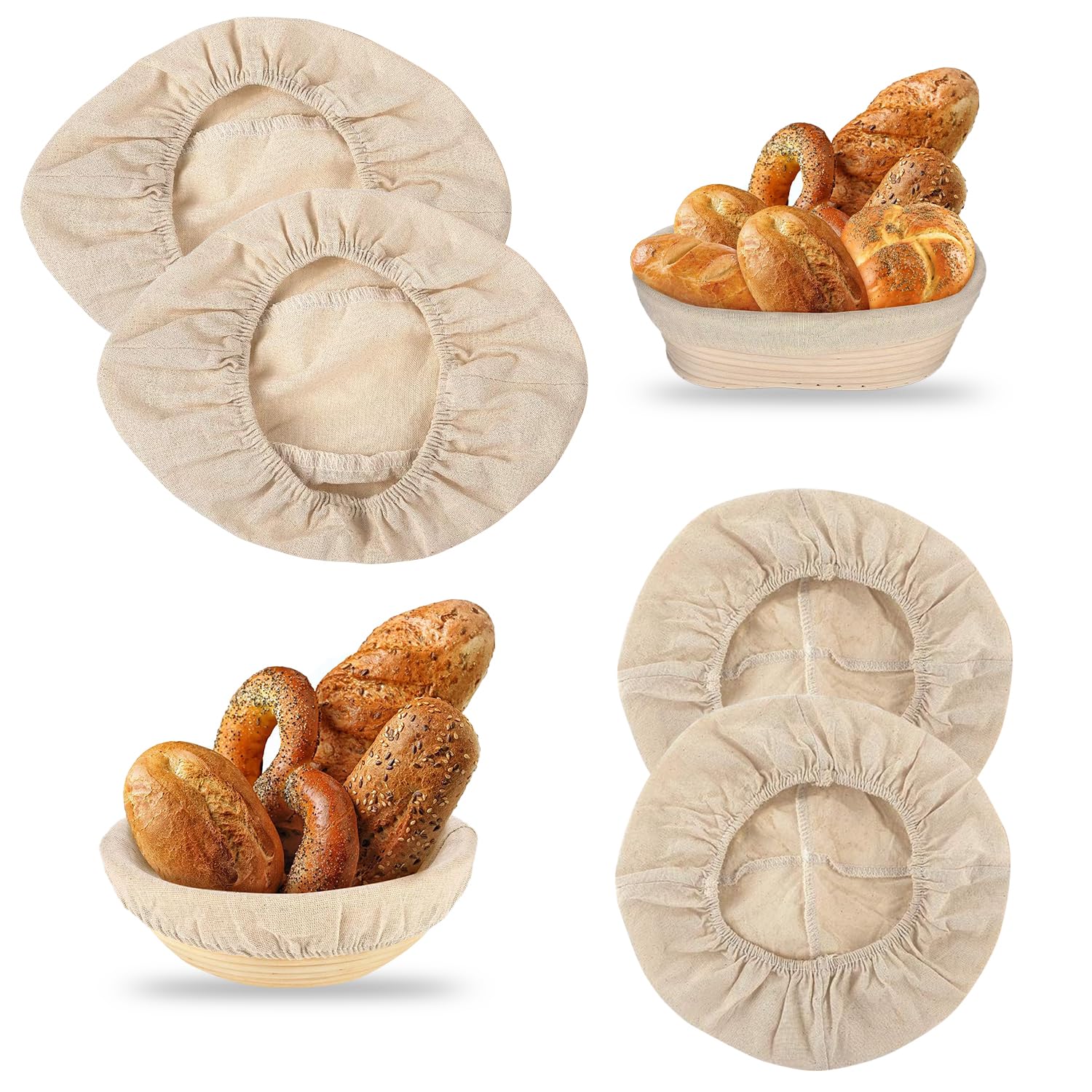 Lonimia2 Pieces 10 Inch Oval and 2 Pieces 9 Inch Round Bread Proofing Basket Cloth Liner, Round Brotform Liner Oval Natural Rattan Baking Dough Sourdough Banneton Baskets Cover