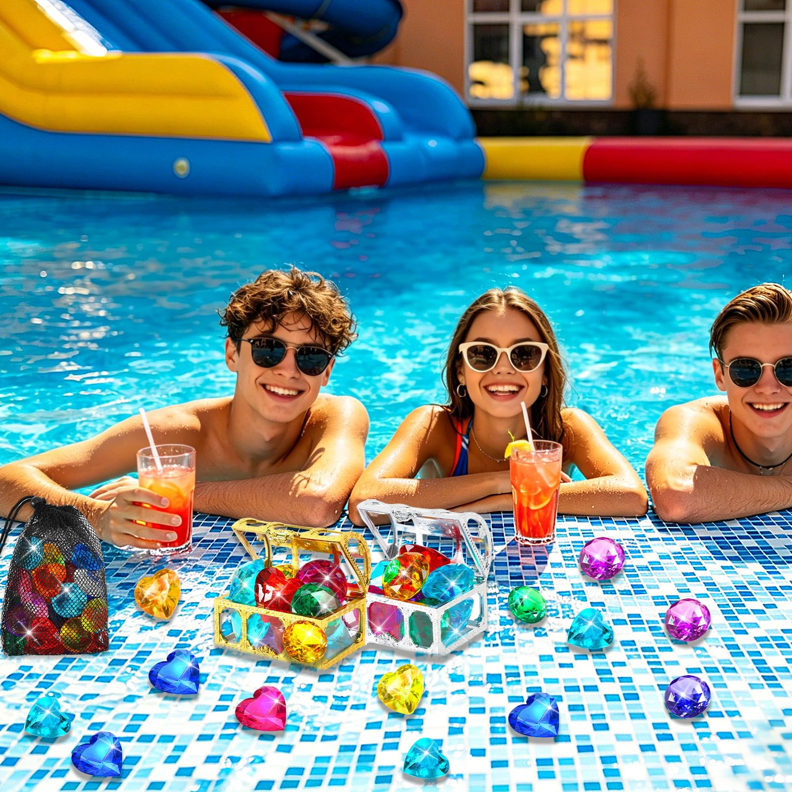 EKKONG Tauchen Edelsteine, Tauchjuwel Pool Spielzeug, 12 Große Bunte Diamanten mit 2 Piraten Schatztruhe und 1 Netzbeutel, Sommer Schwimm Tauch Edelsteine für Strandpartys, Aktivitäten am Pool (B)
