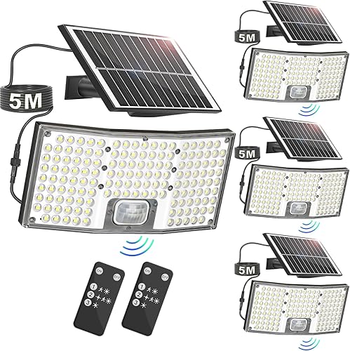 TOBUSA Paquete de 4 luces solares de inundación con sensor de movimiento para exteriores, luz solar LED de 4000 lm con control remoto, 3 modos,