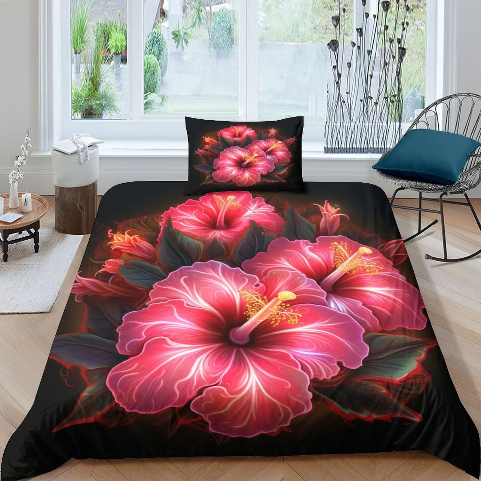 Housse de couette hibiscus 135x200 cm avec 2 taies d'oreiller