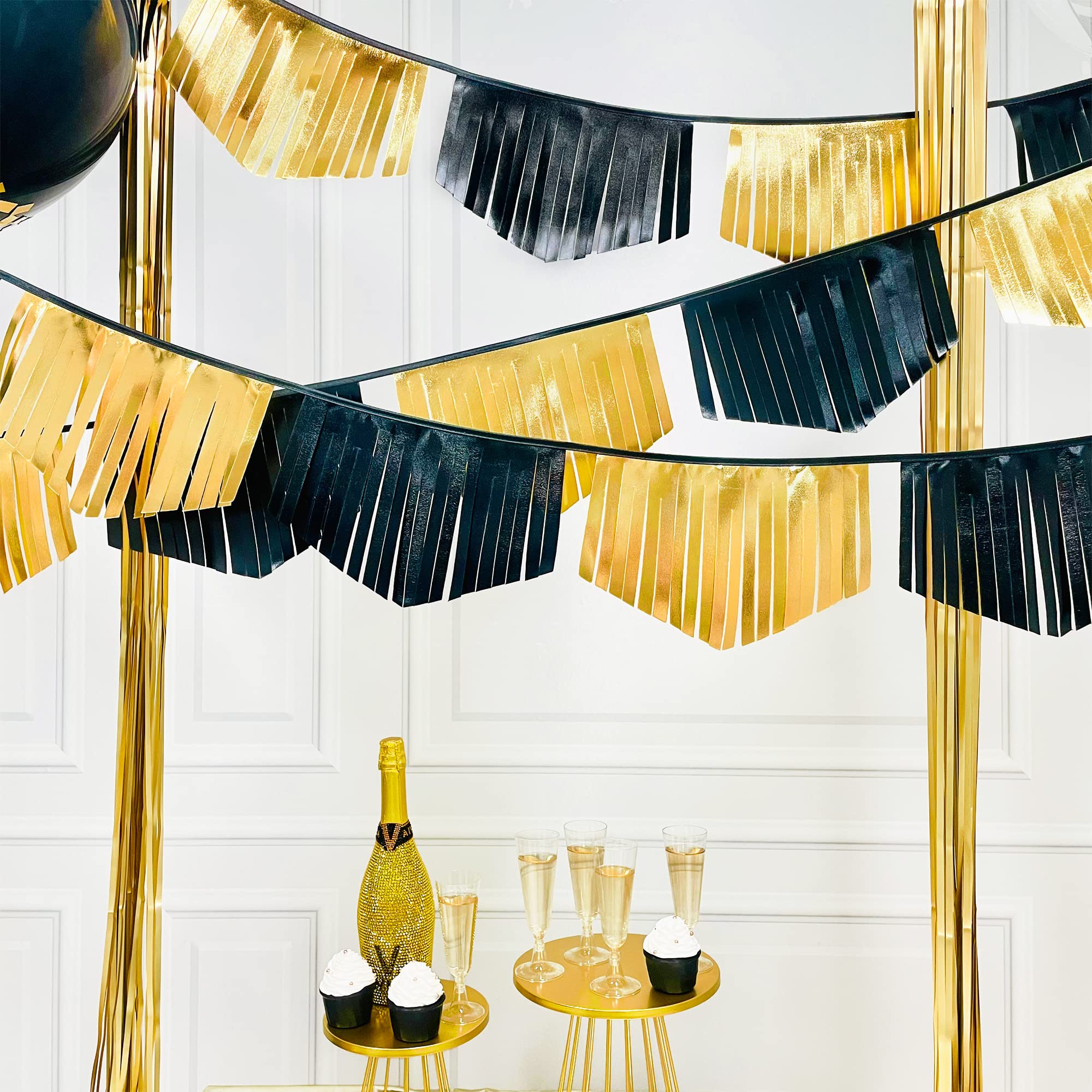 Black and Gold Tassel Banner Double Sided Metallic Fabric Pennant Bunting Flag Garland for Graduation Anniversary Bachelorette Birthday Engagement Wedding Bridal Shower Hen Party Decorations Supplies