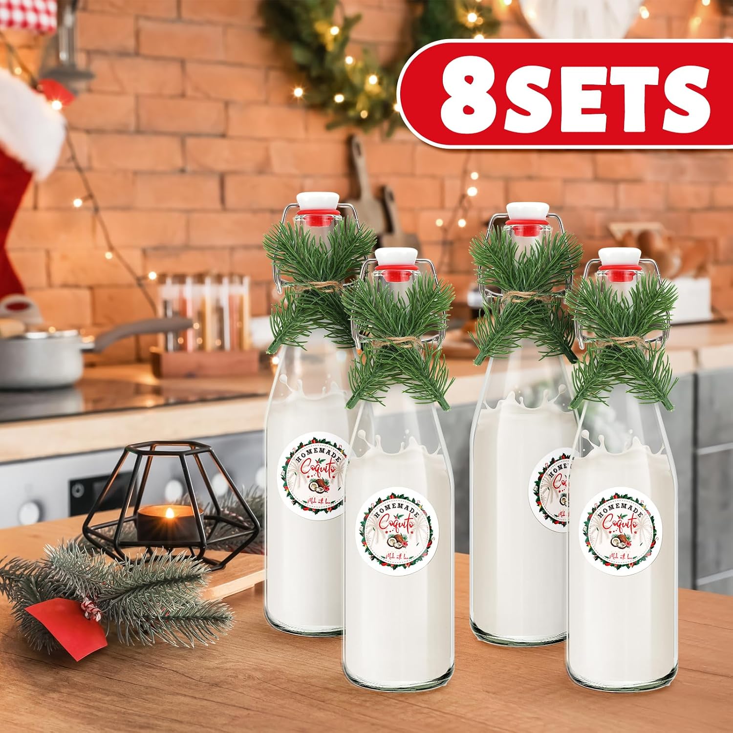 Whaline 8 Sets Christmas Coquito Swing Top Glass Bottles 16oz Clear Flip Top Bottles with Caps Pine Needles Label Stickers for Xmas Holiday Party Home Dinner Decor