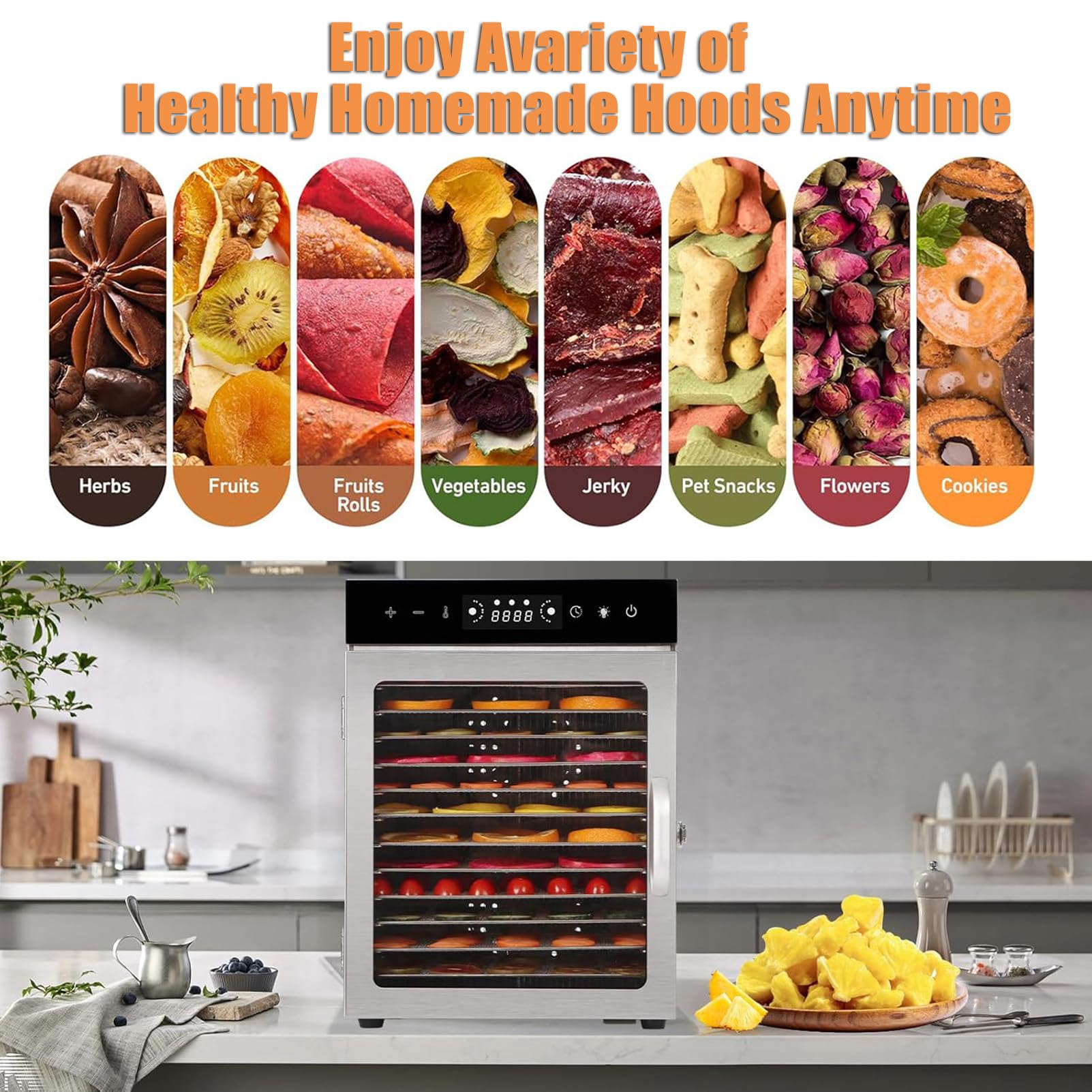 Essiccatore Per Alimenti A 6/8/12/18 Vassoi, Essiccatore Per Frutta In Acciaio Inox, Essiccatore Per Carne Con Vassoi Rimovibili, Controllo Della Temperatura Da 30℃ A 90℃, Timer 24 Ore,12-Tray
