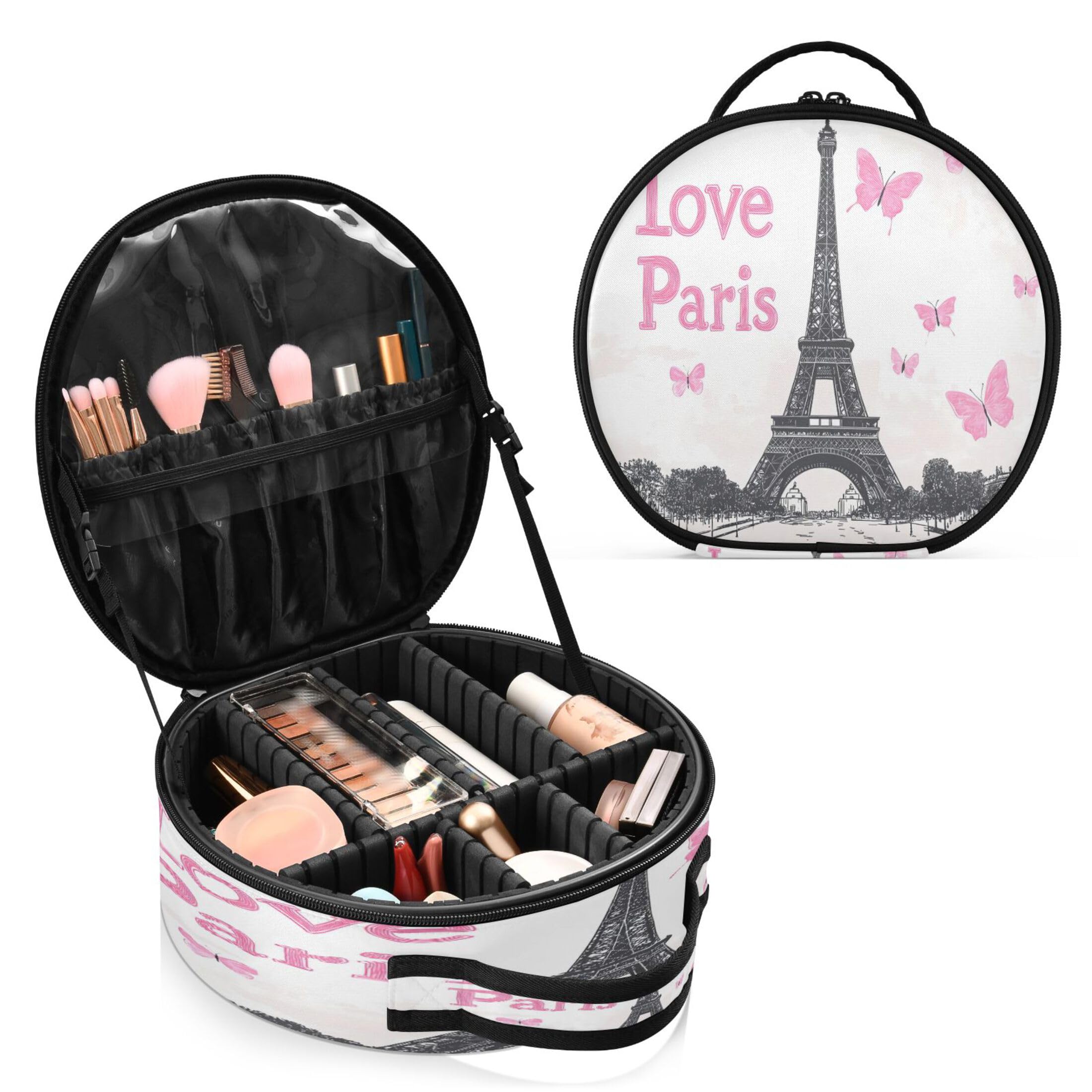 Takiito Eiffel Tower Pink Butterflies Travel Makeup Case Portable Makeup Box Artist Cosmetic Case Organizer With Adjustable Dividers