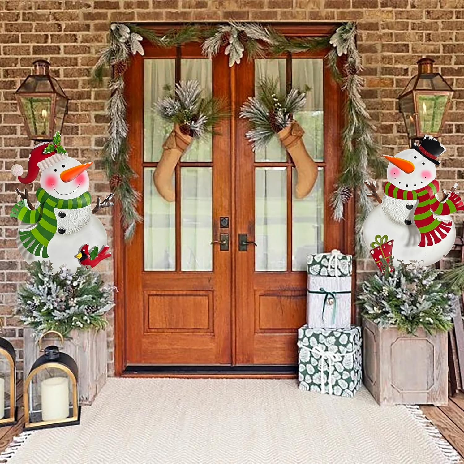 Outdoor Christmas Decorations,2 Pack Snowman Garden Stakes Decoration, Metal Holiday Yard Art, Winter Outdoor Decor, Metal Garden Lawn Decor for Xmas Pathway Patio