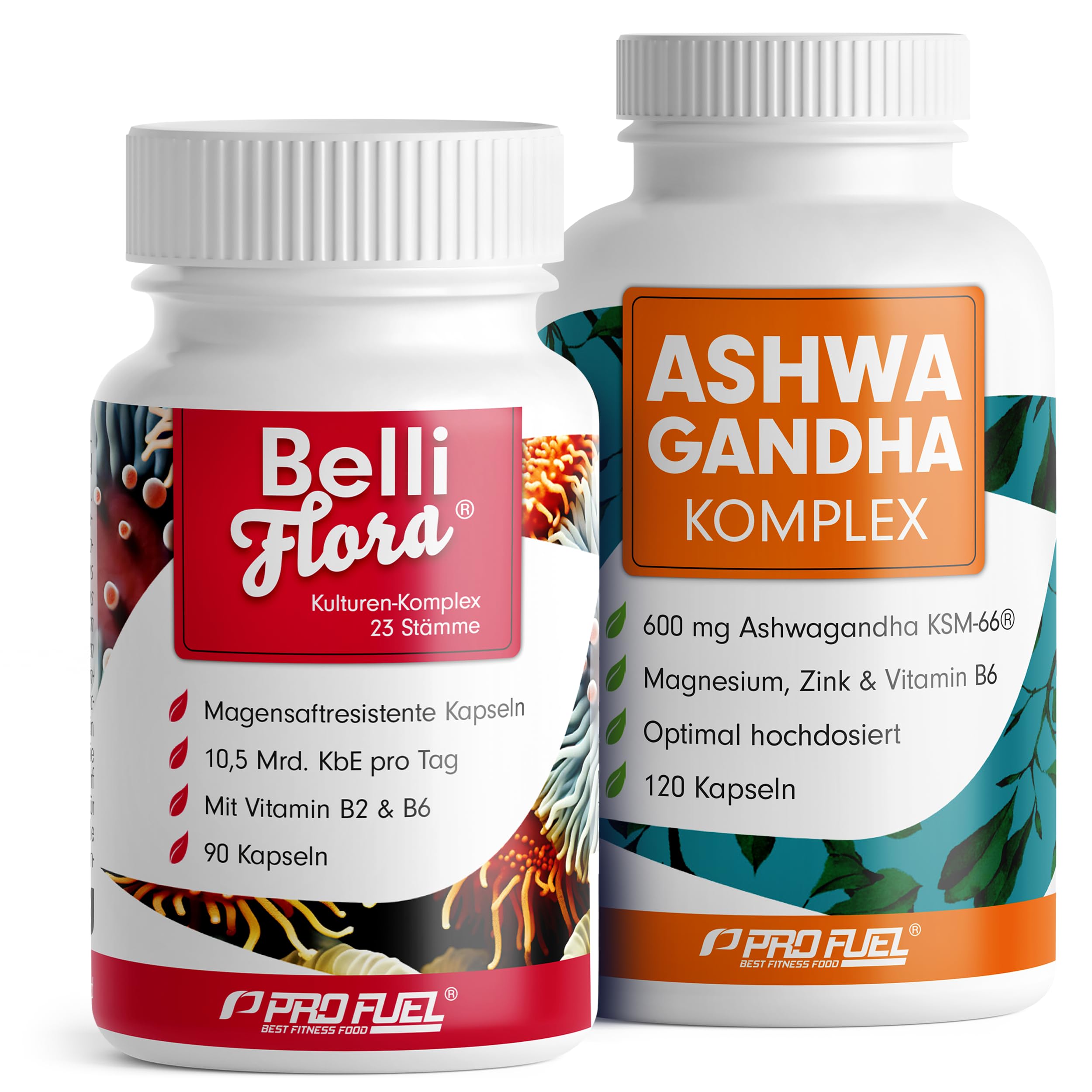 Set: Ashwagandha Komplex + BelliFlora® Kulturen-Komplex - 120 Ashwagandha-Kapseln mit 600 mg KSM-66® Ashwagandha pro Tag + 90 BelliFlora® Kapseln mit 10,5 Mrd. KbE pro Tag - laborgeprüft - 100% vegan