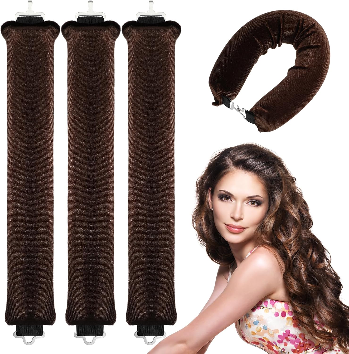 3 stuks hittevrije krulspelden, krullen zonder hitte, bruin, heatless krulband, haarkrullers, ‘s nachts met haken, hittevrije krultang voor alle haartypes, doe-het-zelf heatless curls band,