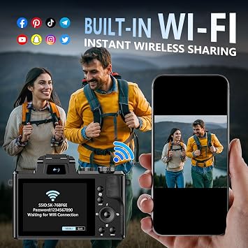 8K Digital Camera, 88MP WiFi Cameras for Photography with 3.2 Touchscreen, 16X Zoom Autofocus Professional Dual Camera, Anti-Shake, 2 Batteries, 64GB Card, Flash, Lens Hood
