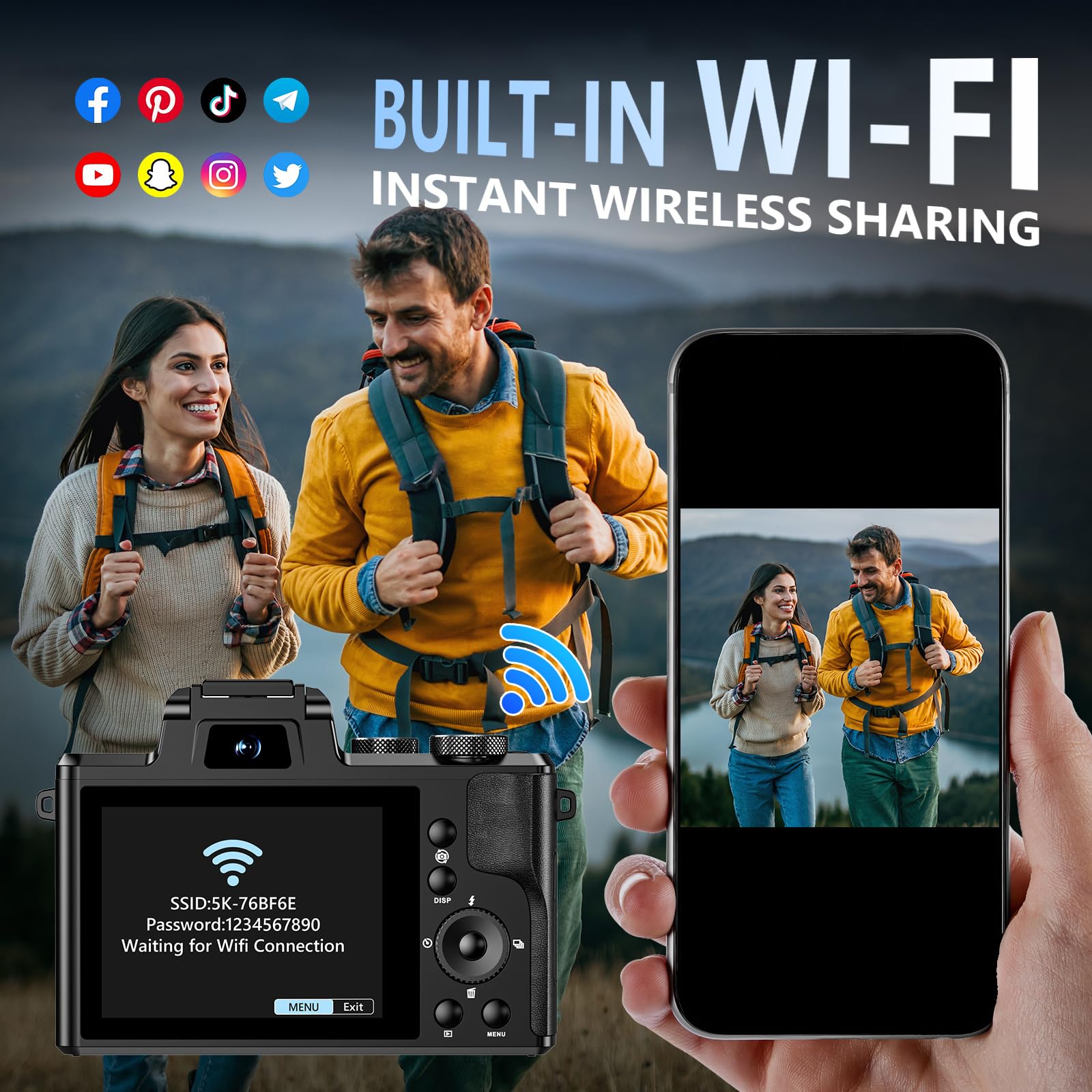 8K Digital Camera, 88MP WiFi Cameras for Photography with 3.2" Touchscreen, 16X Zoom Autofocus Professional Dual Camera, Anti-Shake, 2 Batteries & Charging Stand, 64GB Card, Flash, Lens Hood — view 4